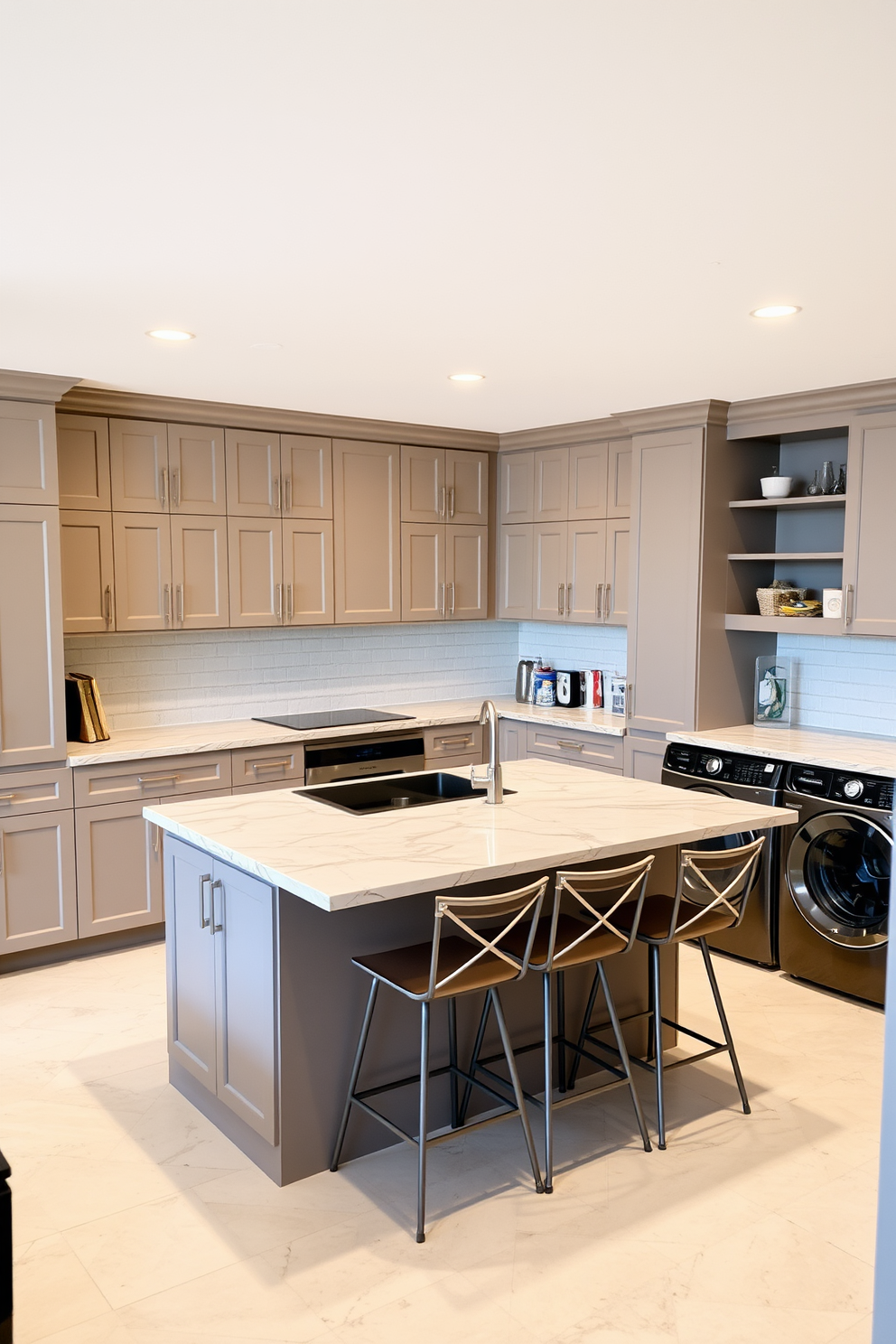 A spacious kitchen featuring a multi-functional island that serves as both a cooking space and a seating area. The island is topped with quartz and includes bar stools with modern designs, creating an inviting atmosphere for casual dining. Adjacent to the kitchen, a well-organized laundry room is designed for efficiency. It includes ample storage cabinets, a countertop for folding clothes, and a stylish washer and dryer set, all in a cohesive color scheme that complements the kitchen.