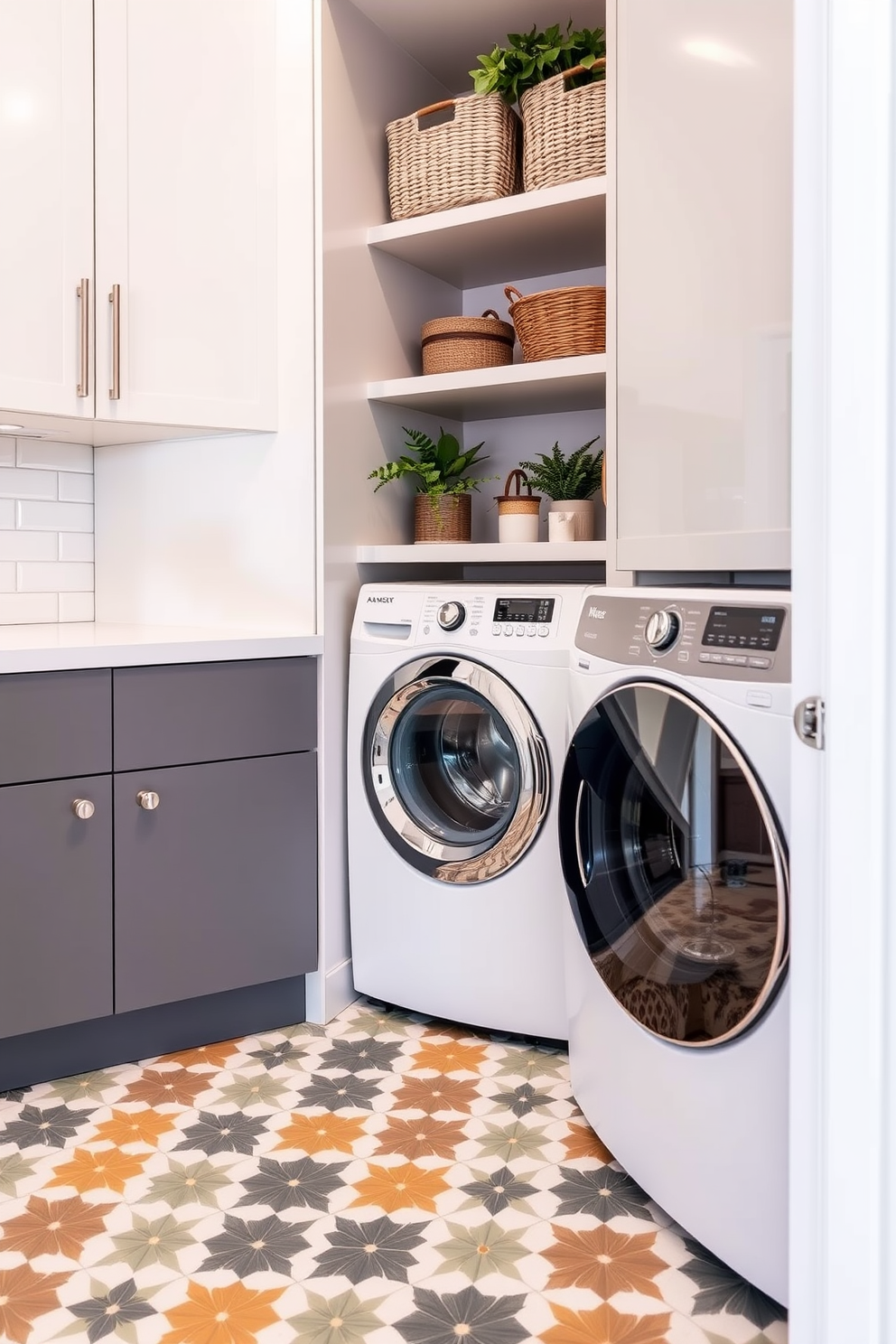 A stylish kitchen laundry room featuring decorative tile flooring that adds character and charm. The tiles are arranged in a vibrant geometric pattern, creating a lively contrast with the sleek cabinetry. The space includes a practical laundry area with a modern washer and dryer seamlessly integrated into the design. Above the appliances, open shelving showcases decorative baskets and plants, enhancing the overall aesthetic.