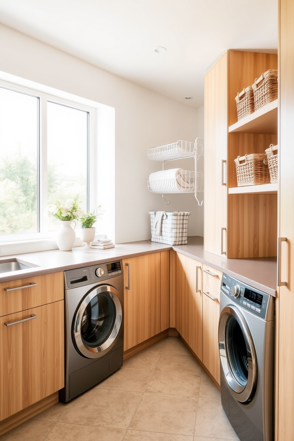 A modern kitchen laundry room featuring a wall-mounted drying rack for efficiency. The space includes sleek cabinetry in a light wood finish and a countertop that seamlessly integrates a washer and dryer. Bright, natural light floods the room through a large window, enhancing the airy feel. Decorative baskets are neatly arranged on the shelves, providing both storage and style.