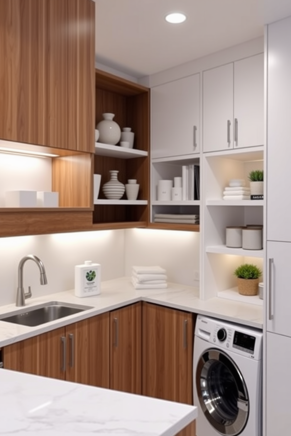 A functional kitchen laundry room featuring under-cabinet lighting that enhances visibility and creates a warm ambiance. The cabinetry is sleek and modern, with a combination of white and wood finishes, while the countertops are made of durable quartz. Incorporated into the design are open shelves displaying neatly arranged laundry essentials and decorative items. The space is well-organized, with a stacked washer and dryer seamlessly integrated into the cabinetry, maximizing efficiency and style.