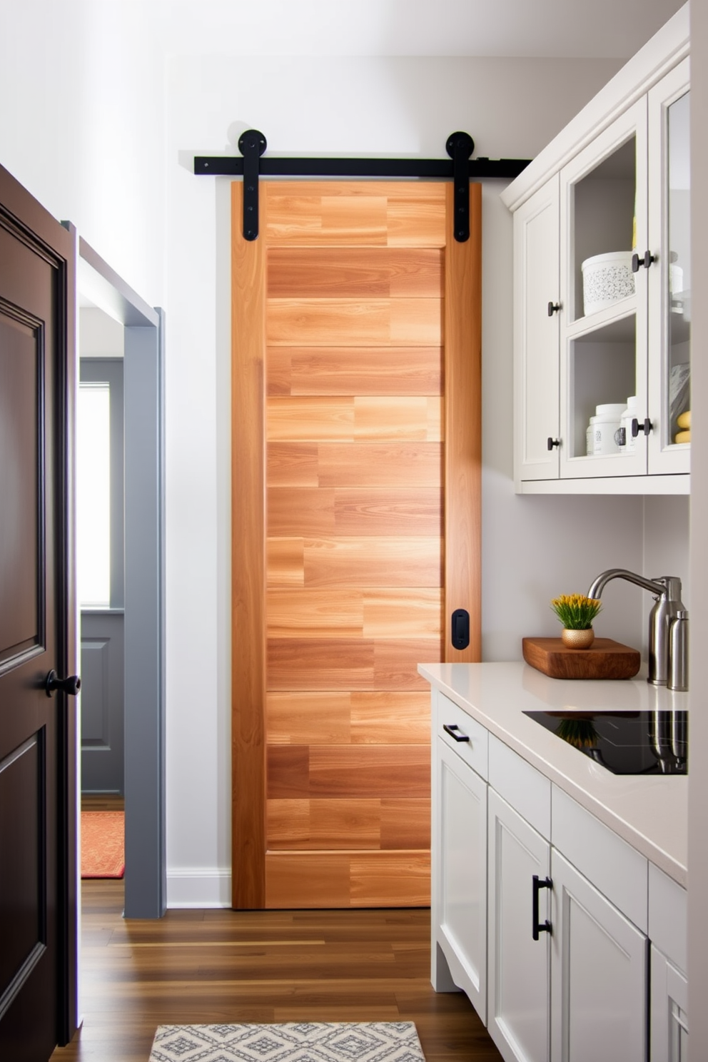 A stylish entryway features a sliding barn door made of reclaimed wood that adds a rustic charm. The door slides smoothly on a black metal track, creating an inviting focal point in the space. The kitchen laundry room design incorporates functional cabinetry with a sleek countertop for folding clothes. Bright, airy colors enhance the room, while open shelving displays neatly organized laundry supplies.