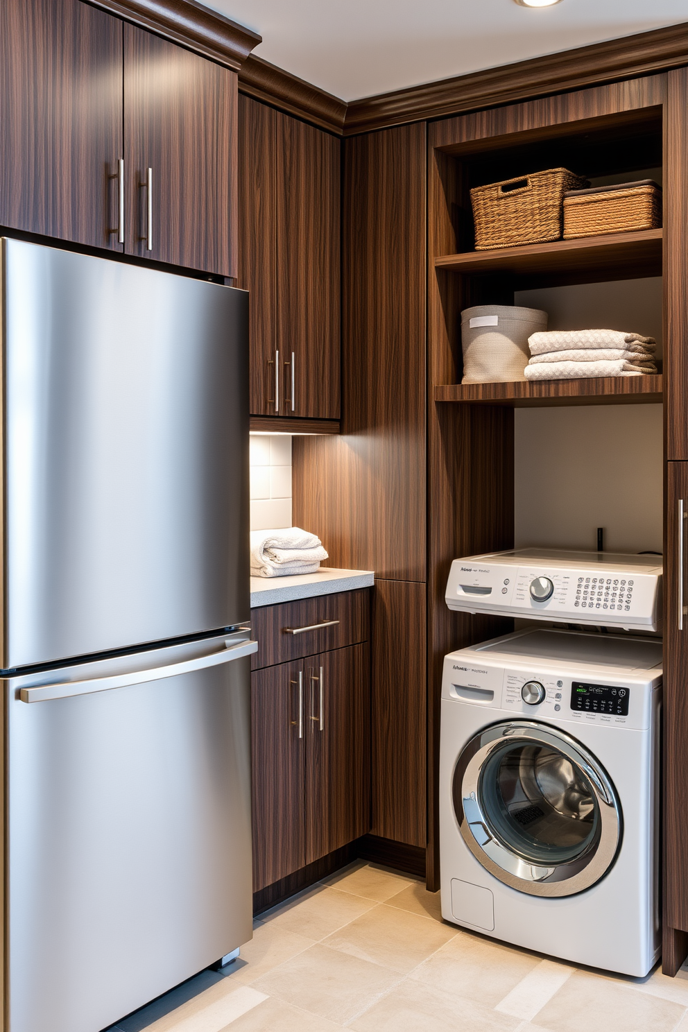 A modern kitchen featuring integrated appliances that blend seamlessly into the cabinetry. The design showcases a sleek refrigerator and dishwasher concealed behind matching cabinet doors, creating a streamlined appearance. The laundry room is designed with practicality in mind, featuring built-in appliances that fit perfectly within the cabinetry. A countertop above the washer and dryer provides ample space for folding clothes, while open shelving offers easy access to laundry essentials.