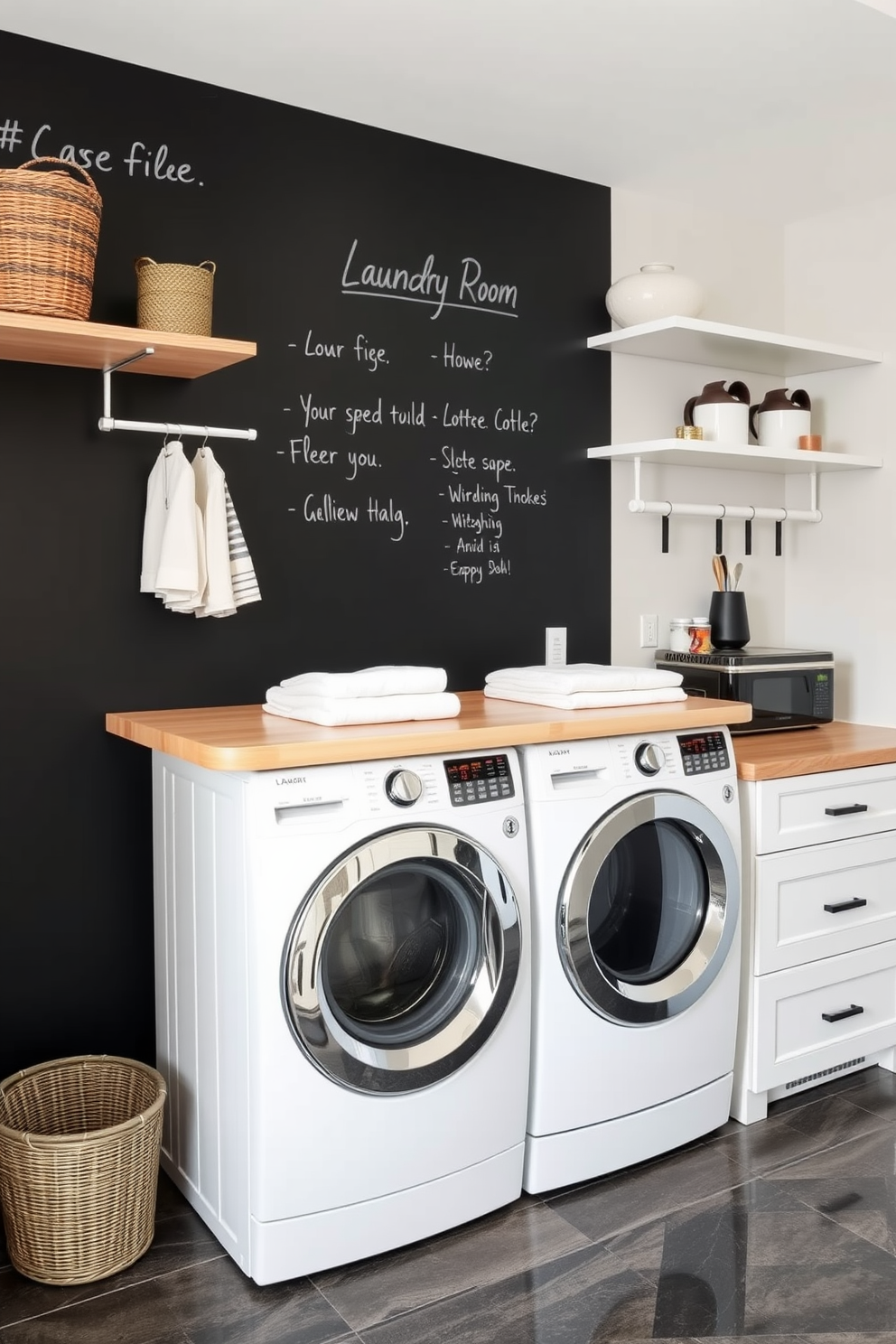 A kitchen laundry room featuring a chalkboard wall that serves as a functional space for notes and reminders. The room includes a sleek washer and dryer set, with a countertop above for folding clothes, and stylish storage solutions for laundry essentials.