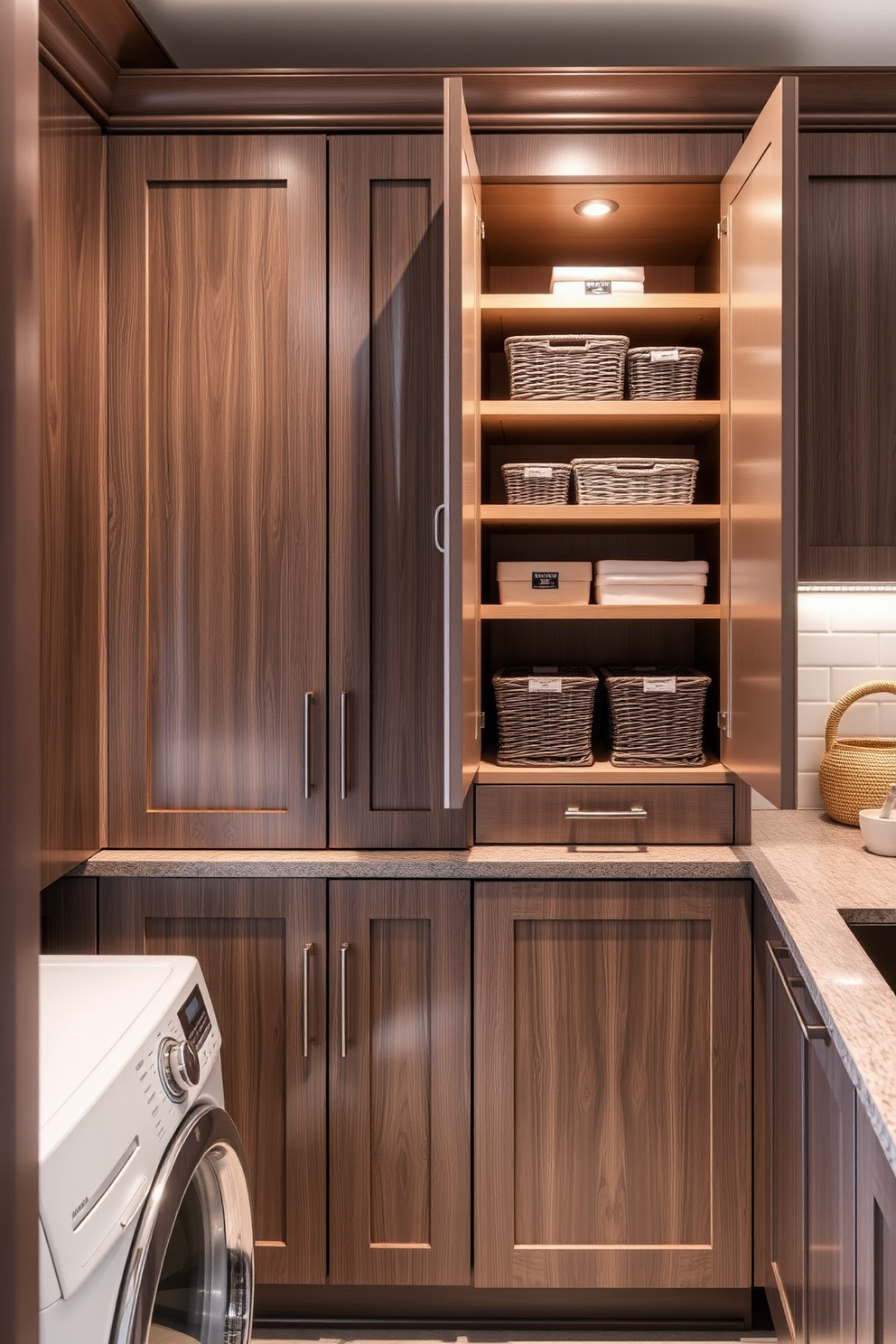 Custom cabinetry designed for personalized storage in a kitchen laundry room. The cabinetry features sleek lines and a blend of open and closed storage solutions, maximizing functionality and style.