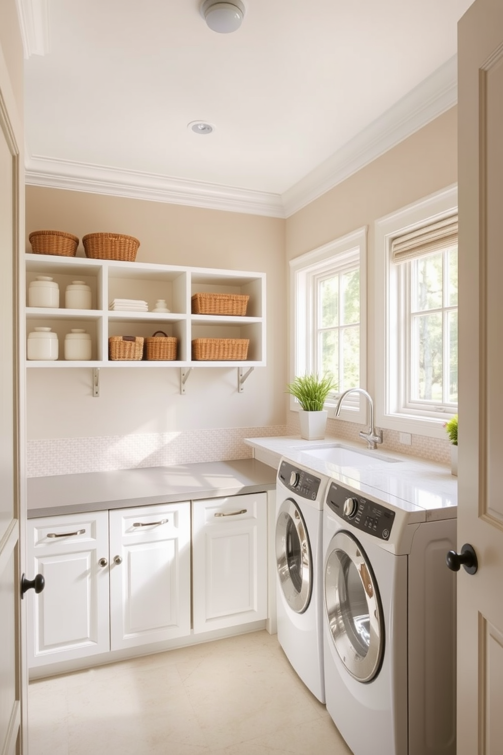 A serene kitchen laundry room that utilizes a neutral color palette to create a calming atmosphere. The walls are painted in soft beige, complemented by white cabinetry and light gray countertops. Incorporate open shelving to display neatly arranged baskets and decorative jars. A subtle patterned backsplash adds texture, while natural light floods the space through a large window.