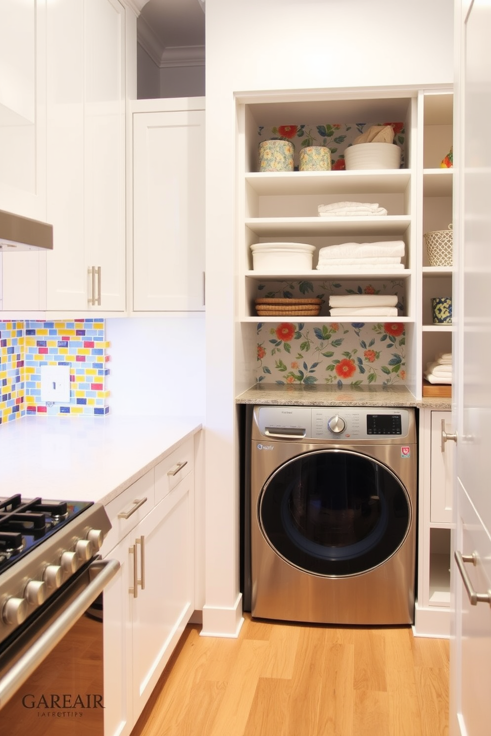 A colorful backsplash featuring bright mosaic tiles in shades of blue, yellow, and red creates a vibrant focal point in the kitchen. The backsplash complements sleek white cabinets and stainless steel appliances, bringing energy and personality to the space. In the laundry room, a playful design incorporates a cheerful wallpaper with floral patterns that harmonizes with the cabinetry. Open shelving displays neatly arranged laundry essentials, while a stylish countertop provides ample space for folding clothes.