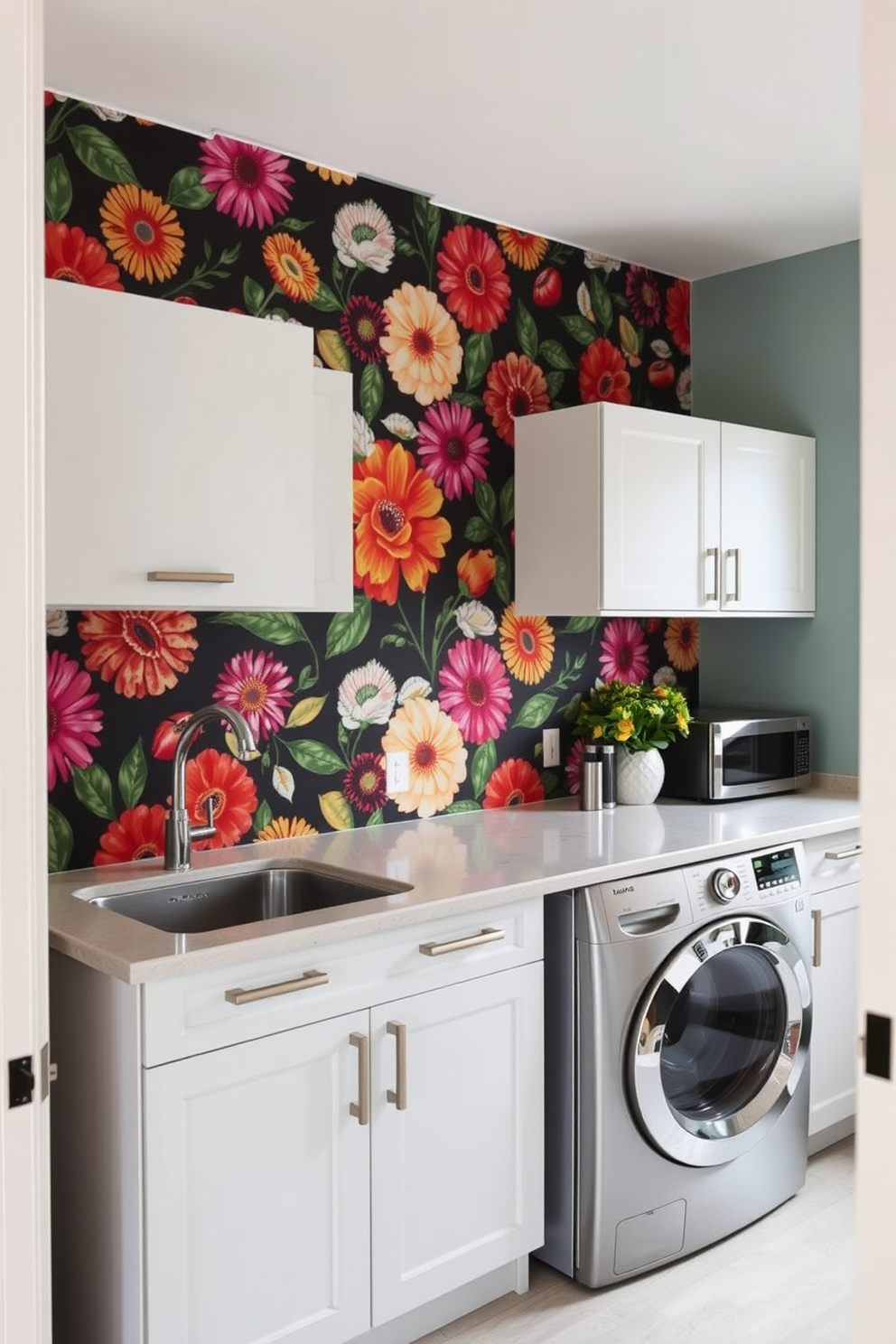 A vibrant accent wall adorned with bold floral wallpaper creates a striking focal point in the kitchen laundry room. The space features sleek cabinetry and modern appliances that complement the lively design, enhancing functionality and style.