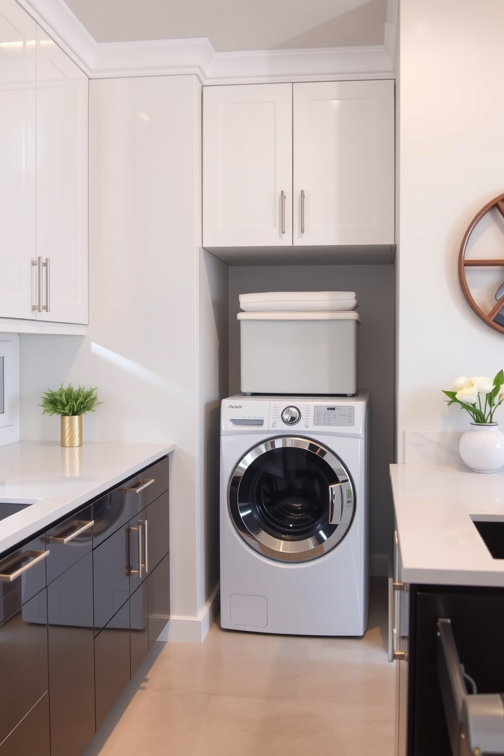 A modern kitchen laundry room design that emphasizes easy-to-clean surfaces for practicality. The cabinetry features smooth, glossy finishes and the countertops are made of durable quartz, ensuring effortless maintenance. The laundry area includes a sleek washer and dryer stacked for space efficiency, with a built-in folding station above. The walls are painted in a light, neutral color, and the floor is covered with large, easy-to-clean tiles.