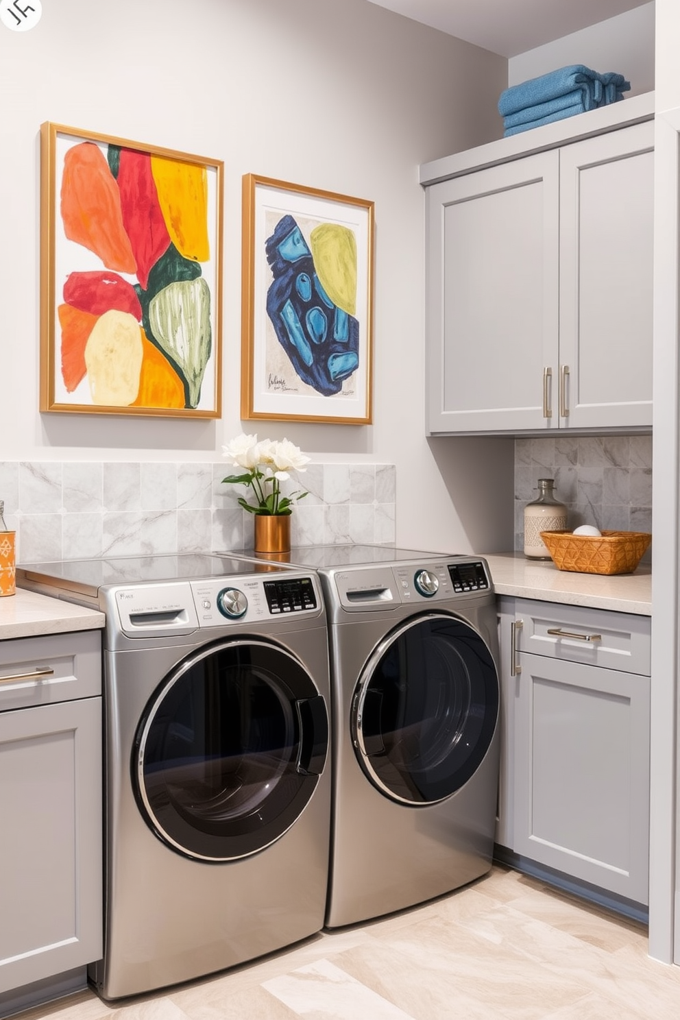 Artistic prints to add character. The walls are adorned with vibrant, framed artwork that showcases abstract designs, creating a focal point in the room. Kitchen Laundry Room Design Ideas. The space features a sleek, modern washer and dryer set, surrounded by custom cabinetry painted in a soft gray, with a stylish backsplash that complements the overall aesthetic.