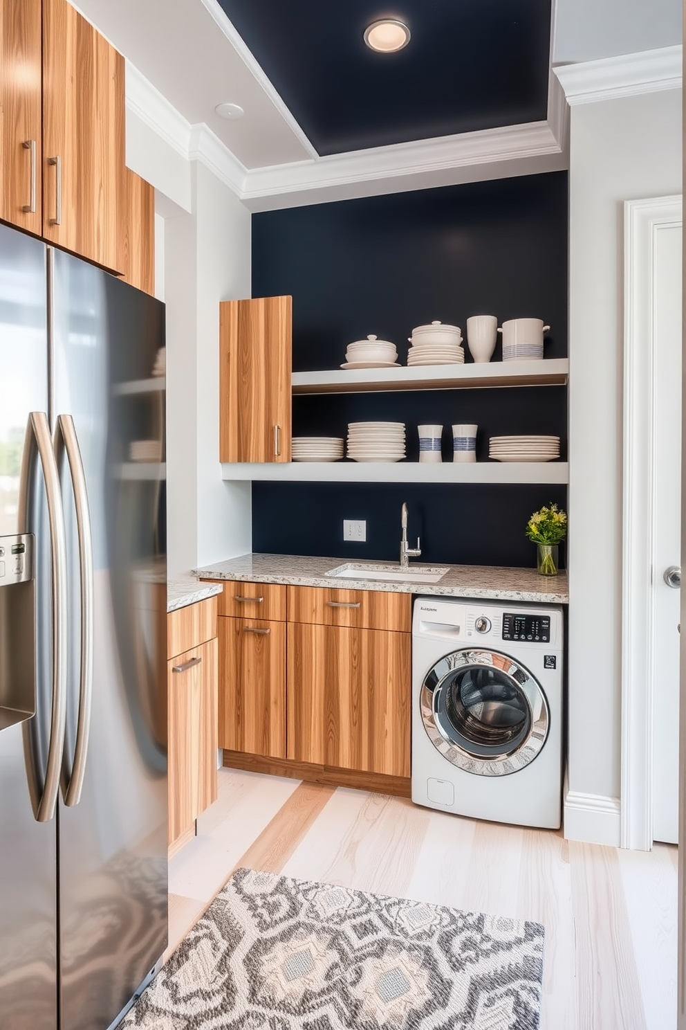 A modern kitchen laundry room featuring a combination of sleek stainless steel appliances and warm wooden cabinetry. The countertops are a mix of polished granite and textured wood, creating a harmonious blend of materials. Bright white walls contrast with deep navy accents, while open shelving displays neatly arranged dishware and laundry essentials. A stylish area rug adds a touch of comfort underfoot, enhancing the inviting atmosphere of the space.