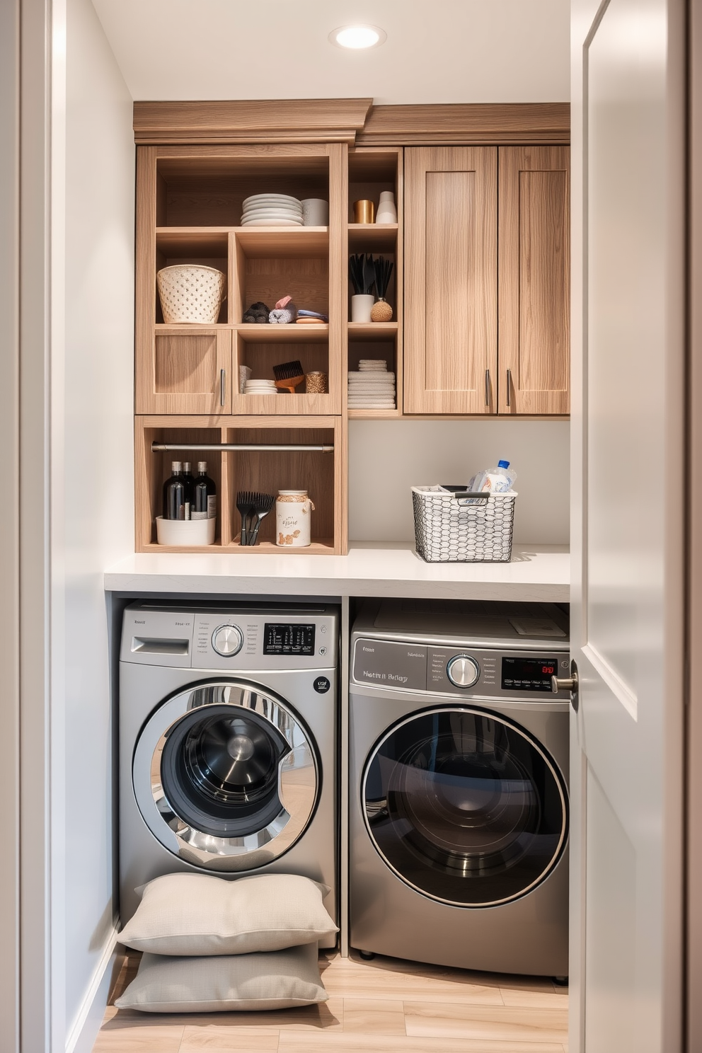 A cozy nook for pet supplies features a built-in wooden cabinet with compartments for food, toys, and grooming tools. Soft, neutral colors dominate the space, and a small cushion is placed on the floor for the pet's comfort. The laundry room design includes a modern washer and dryer set tucked behind sleek cabinetry. A countertop above the machines provides space for folding clothes, while a stylish basket holds laundry essentials.