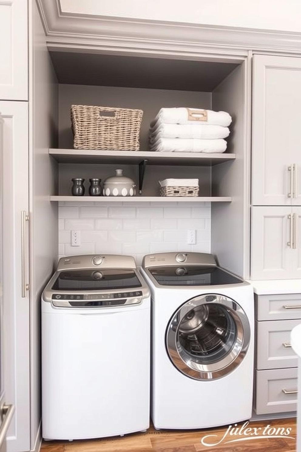 A compact washer dryer combo is seamlessly integrated into a stylish kitchen laundry room. The cabinetry is sleek and modern, with a light gray finish that complements the stainless steel appliances. Above the washer dryer, open shelves display neatly folded towels and decorative baskets for storage. The backsplash features a chic subway tile pattern in white, adding brightness to the space while maintaining a clean aesthetic.