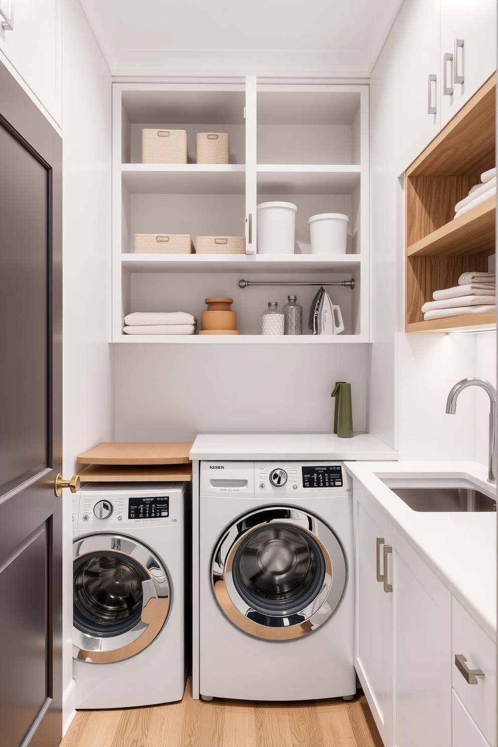 A modern kitchen laundry room design that maximizes corner space for efficiency. The layout includes a compact washer and dryer unit seamlessly integrated into custom cabinetry, with open shelving above for easy access to laundry essentials. Incorporate a functional corner sink with a stylish faucet, along with a pull-out ironing board hidden within the cabinetry. The color palette features soft whites and warm wood tones, creating a bright and inviting atmosphere.