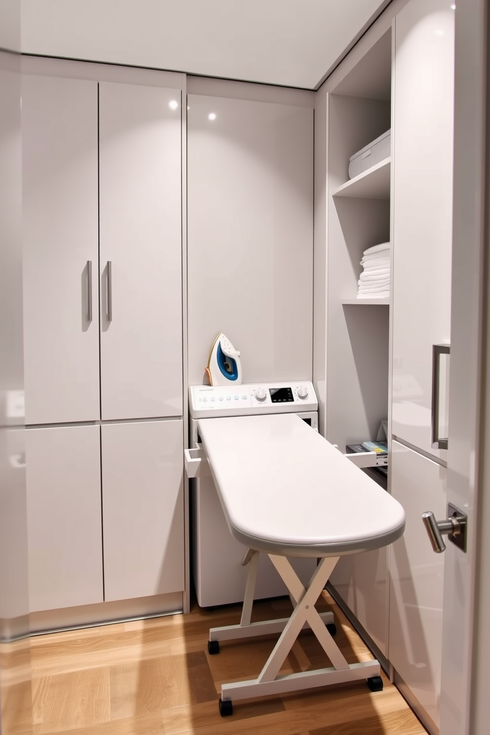 A modern kitchen laundry room featuring a built-in ironing board for convenience. The space includes sleek cabinetry with a soft close mechanism and a stylish countertop that complements the overall design.