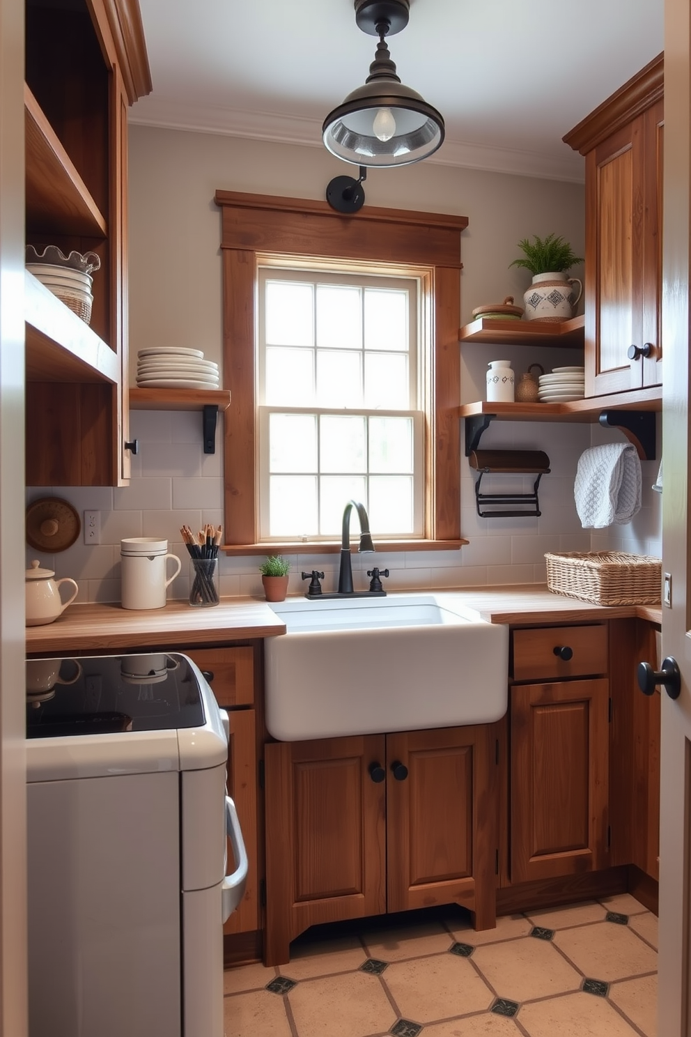 A cozy kitchen laundry room featuring a farmhouse sink made of white porcelain. The space is adorned with wooden cabinetry, open shelving, and vintage-style fixtures that enhance its rustic charm.