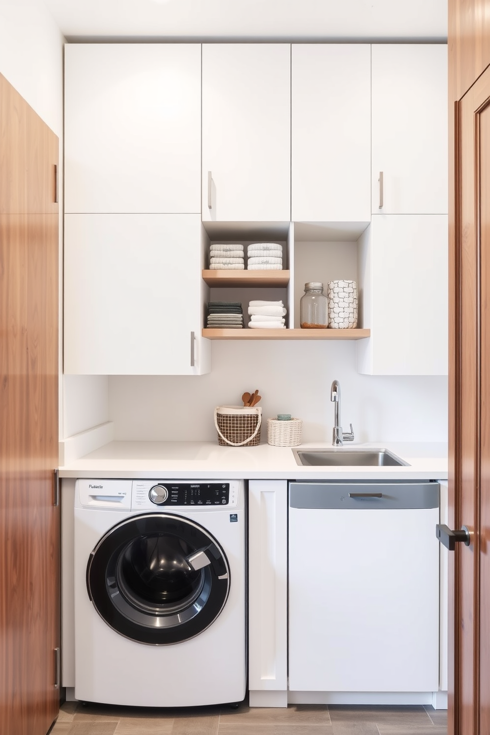 A modern kitchen laundry room featuring vertical storage solutions to maximize space. The walls are lined with sleek cabinets that reach the ceiling, utilizing every inch for organization. A compact countertop area is designed for folding laundry, with open shelving above for easy access to supplies. The color palette includes soft whites and warm wood tones, creating a welcoming and functional environment.