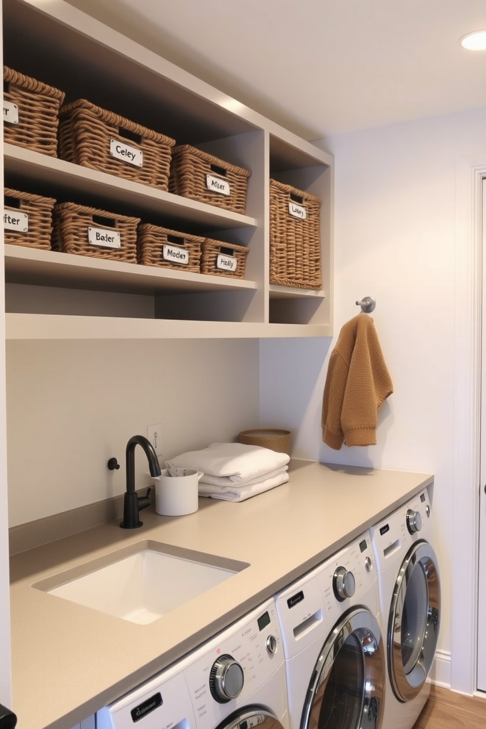 A stylish laundry room designed for efficiency and organization. Labeled wicker baskets are neatly arranged on open shelving, providing easy access to laundry essentials. The space features a sleek countertop for folding clothes, complemented by a modern sink for hand-washing delicate items. Soft lighting illuminates the room, creating a warm and inviting atmosphere.