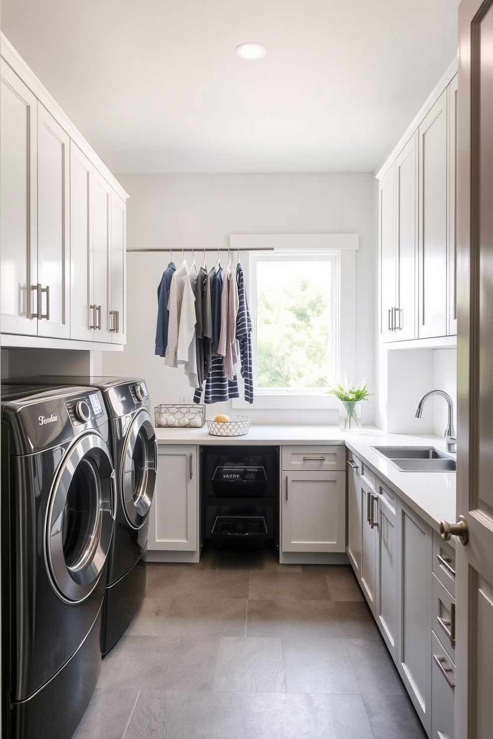 A functional laundry room featuring a hanging rod for air drying clothes is essential for maintaining garments. The space is designed with sleek cabinetry, a spacious countertop for folding, and a utility sink for convenience. The walls are painted in a soft white to create an airy feel, while the flooring is a durable grey tile that complements the overall aesthetic. Natural light floods the room through a window, enhancing the bright and inviting atmosphere.