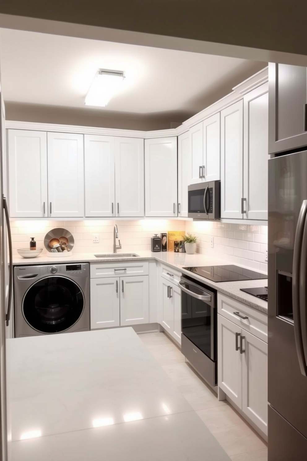 Bright lighting floods the kitchen laundry room, creating an inviting and functional space. The design features sleek cabinetry in a soft white finish, paired with stainless steel appliances for a modern touch. A large island with a quartz countertop serves as both a workspace and a casual dining area. Under-cabinet lighting illuminates the countertops, highlighting the organized storage and stylish accessories.