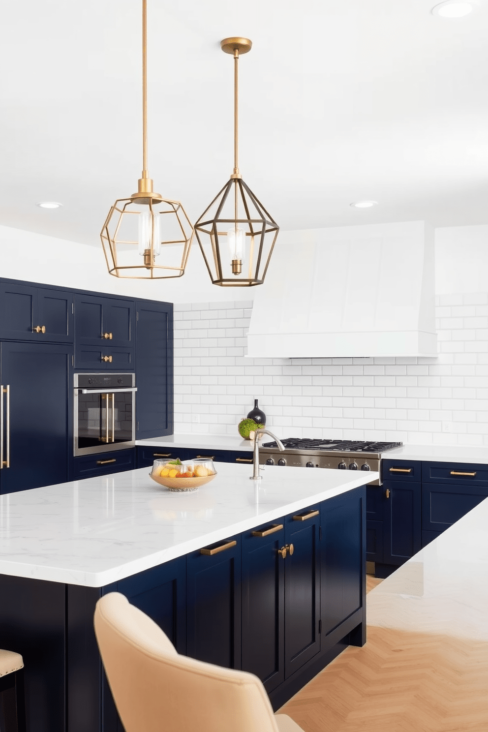 A modern kitchen featuring a large central island with a sleek countertop. Above the island, statement pendant lights in a geometric design hang gracefully, providing both illumination and a focal point for the space. The kitchen cabinetry is a rich navy blue, complemented by brass hardware. The backsplash is a white subway tile, adding a fresh and timeless touch to the overall design.