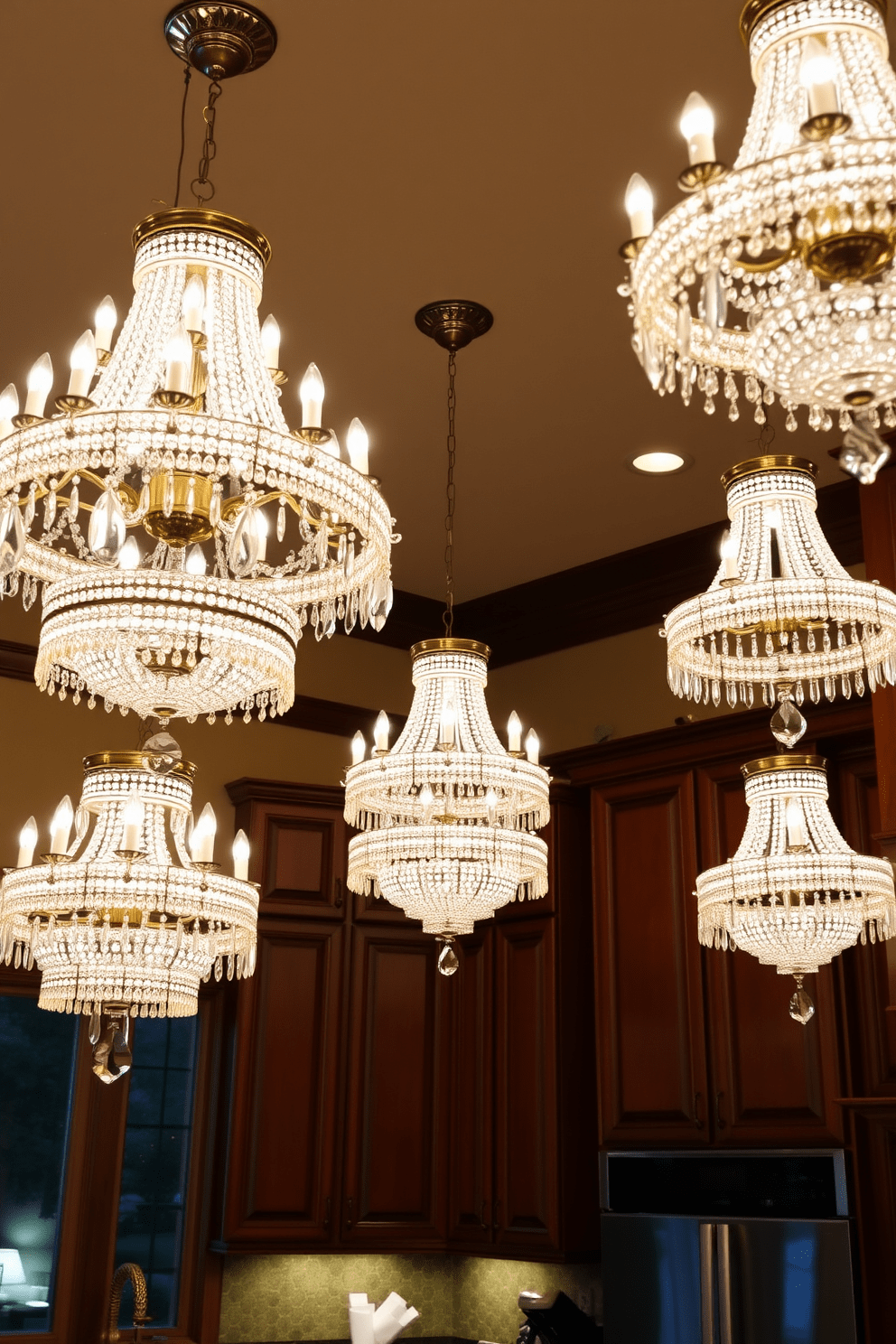 A stunning kitchen illuminated by multi-tiered chandeliers that cascade elegantly from the ceiling. The warm glow of the lights enhances the rich tones of the cabinetry and creates an inviting atmosphere for family gatherings. The chandeliers feature intricate designs with crystal accents that reflect light beautifully throughout the space. This layered lighting approach not only adds drama but also provides functional illumination for cooking and entertaining.