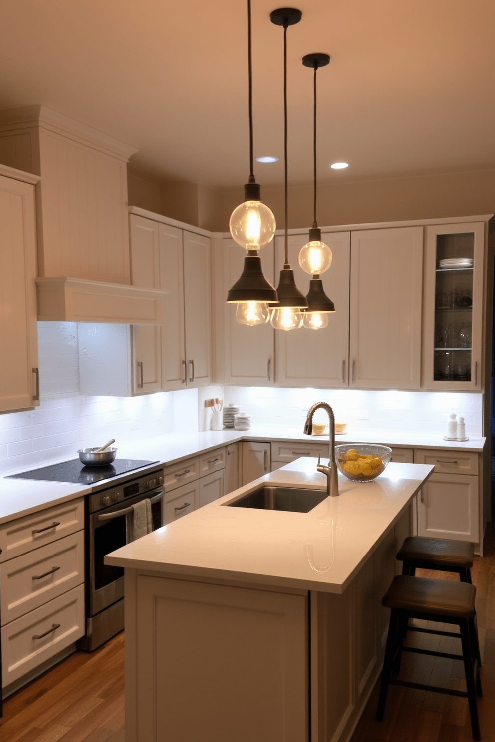 A modern kitchen with task lighting focused on the prep areas. Under-cabinet lights illuminate the countertops, creating a bright and functional workspace. The island features pendant lights that provide both style and additional light for cooking and entertaining. Warm-toned bulbs add a cozy ambiance, enhancing the overall kitchen design.