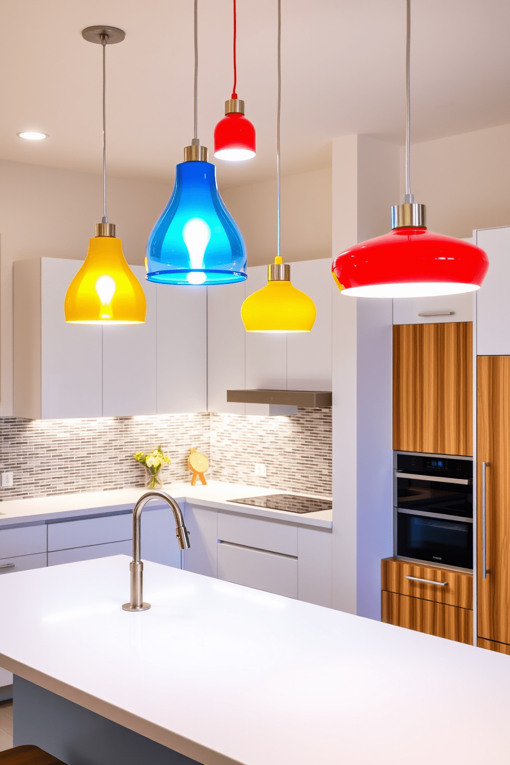 A vibrant kitchen space featuring colorful pendant lights hanging above an island. The lights are a mix of bright blue, sunny yellow, and bold red, creating a playful atmosphere that complements the modern cabinetry. The kitchen has sleek white countertops and a stylish backsplash that enhances the overall design. Warm wood accents on the cabinets add a touch of coziness to the lively lighting scheme.