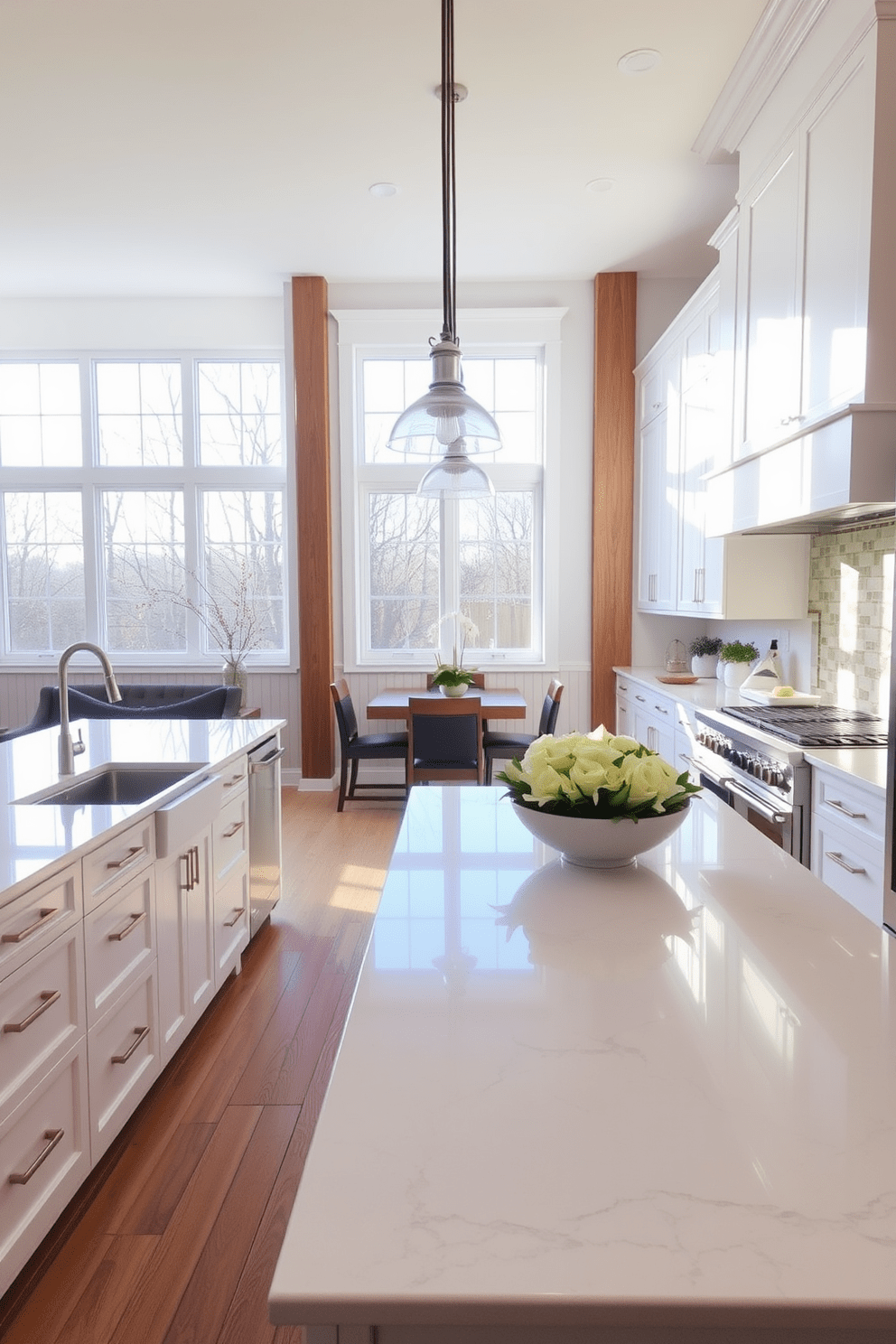 A bright and airy kitchen filled with natural light pouring in through large windows. The space features sleek cabinetry in a soft white finish and a large island with a stunning quartz countertop that invites gatherings. Pendant lights hang gracefully above the island, providing both functionality and style. The overall ambiance is enhanced by warm wood accents and a carefully chosen backsplash that adds a pop of color.