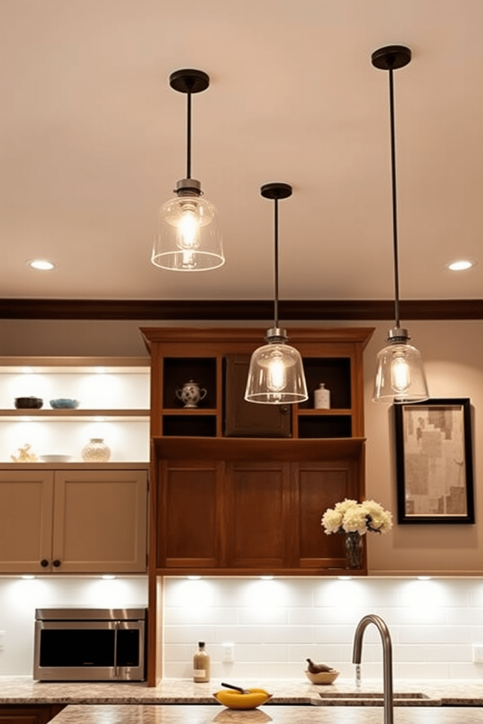 A beautifully designed kitchen featuring layered lighting for depth and interest. The space includes pendant lights above the island, recessed lighting in the ceiling, and under-cabinet lighting illuminating the countertops. The warm glow from the pendant lights creates a cozy atmosphere while the recessed lights provide overall brightness. Accent lighting highlights decorative elements such as open shelves and artwork on the walls.