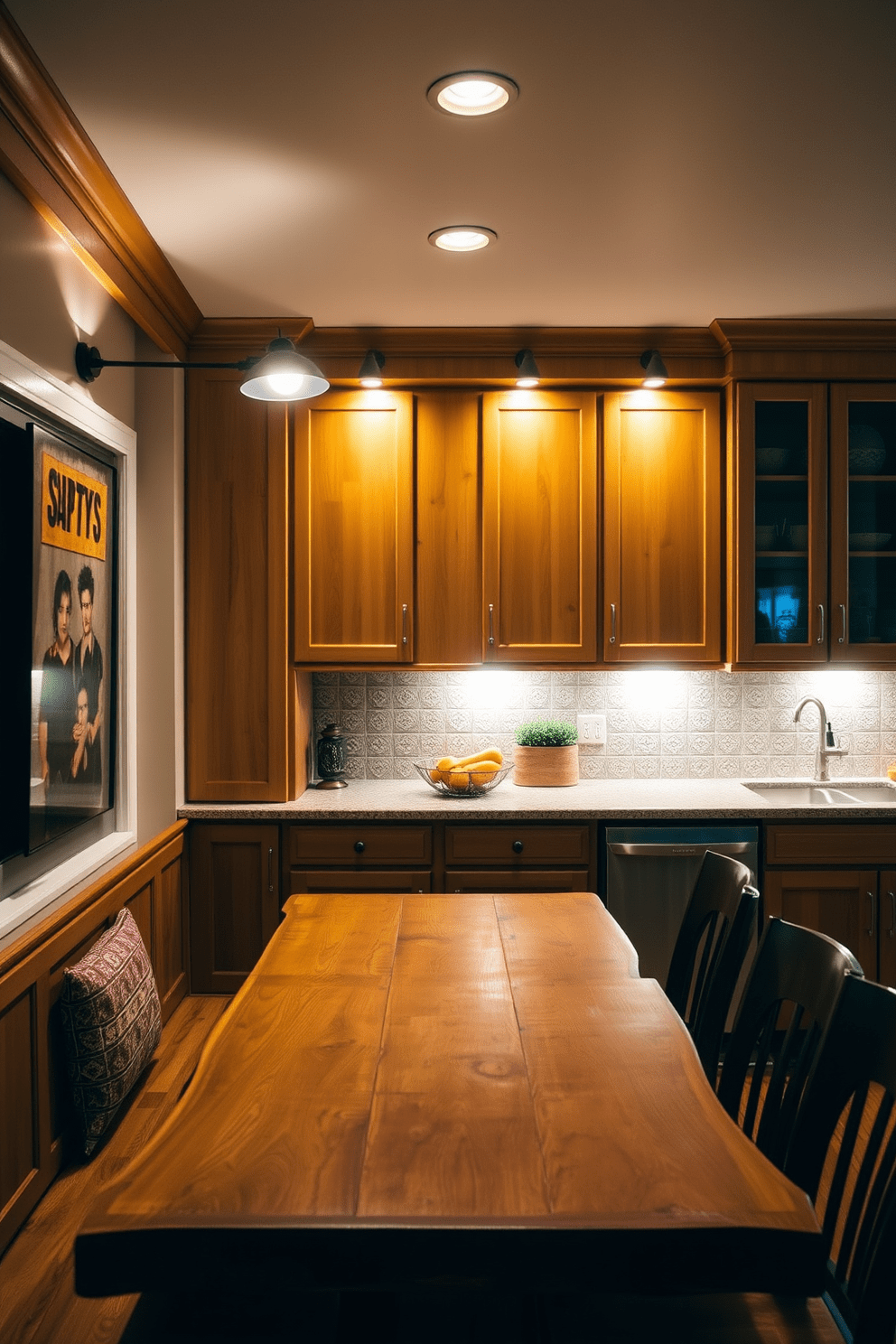 A cozy kitchen nook features adjustable wall-mounted reading lights that illuminate a rustic wooden table. The lights are positioned to provide focused brightness for reading recipes or enjoying a meal. The kitchen has a warm and inviting atmosphere with soft ambient lighting that complements the natural wood cabinetry. Under-cabinet lights enhance the workspace while creating a welcoming glow throughout the room.