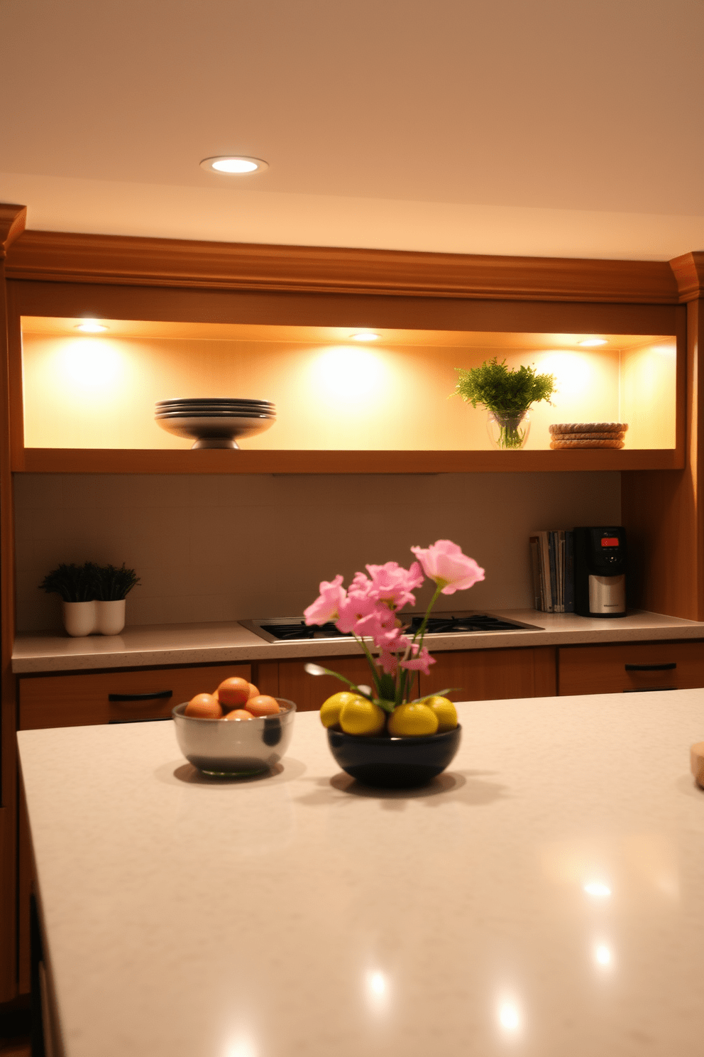 Task focused under-shelf lighting creates a warm and inviting atmosphere in the kitchen while providing functional illumination for meal preparation. The soft glow highlights the countertops and enhances the beauty of the cabinetry, making the space feel both stylish and practical. Incorporating dimmable features allows for adjustable brightness, catering to different cooking needs and moods. Consider using LED strips or puck lights to achieve a seamless and modern look that complements the overall kitchen design.