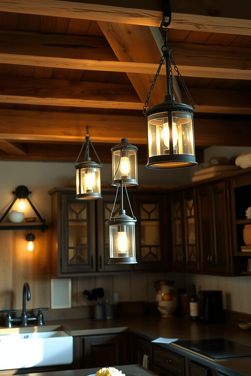 A cozy kitchen illuminated by rustic lanterns hanging from exposed wooden beams. The warm glow of the lanterns enhances the farmhouse charm, casting inviting shadows across the rustic wooden cabinetry and farmhouse sink.