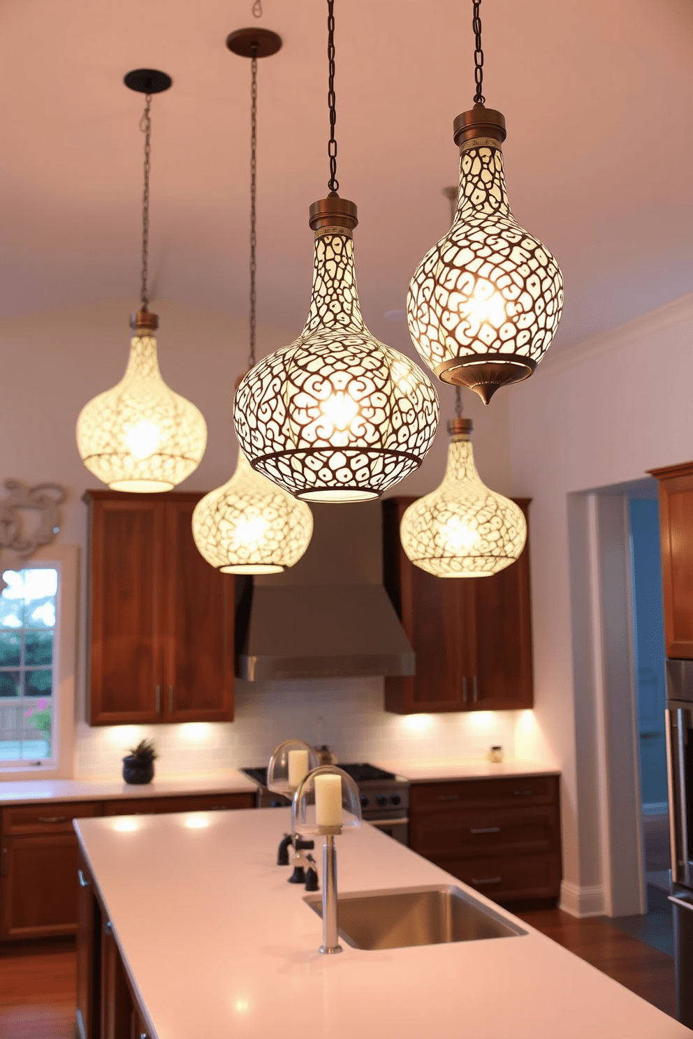 Artistic light fixtures hang gracefully from the ceiling, casting a warm glow over the kitchen. The fixtures feature intricate designs that blend modern aesthetics with a touch of vintage charm, creating a stunning visual impact. The kitchen layout is open and airy, with a large island at the center topped with a sleek countertop. Underneath, stylish pendant lights illuminate the space, enhancing the overall ambiance and inviting social gatherings.