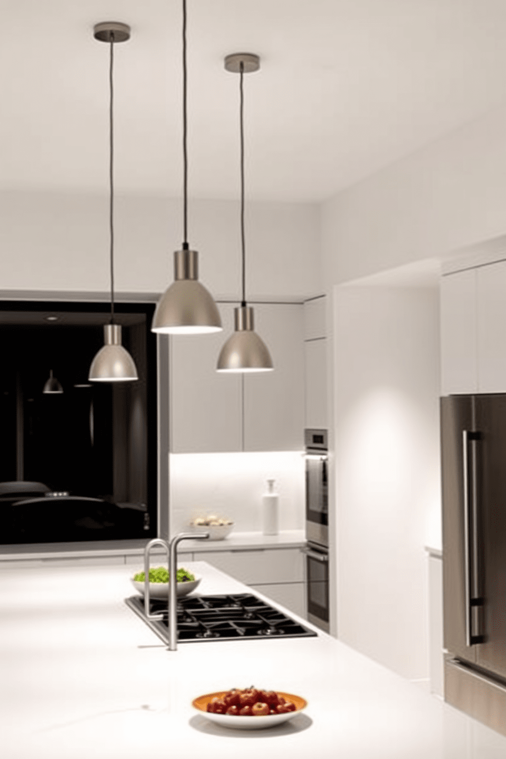 A minimalist kitchen lighting design features sleek pendant lights hanging above a spacious island, providing focused illumination for meal preparation. The walls are painted in a soft white, enhancing the airy feel of the space, while under-cabinet lighting adds warmth and functionality.