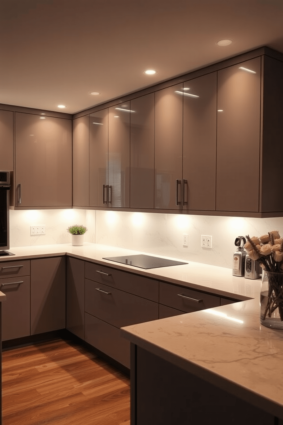 A modern kitchen featuring sleek cabinets illuminated by LED puck lights. The warm glow from the lights highlights the elegant finishes and creates a welcoming atmosphere.