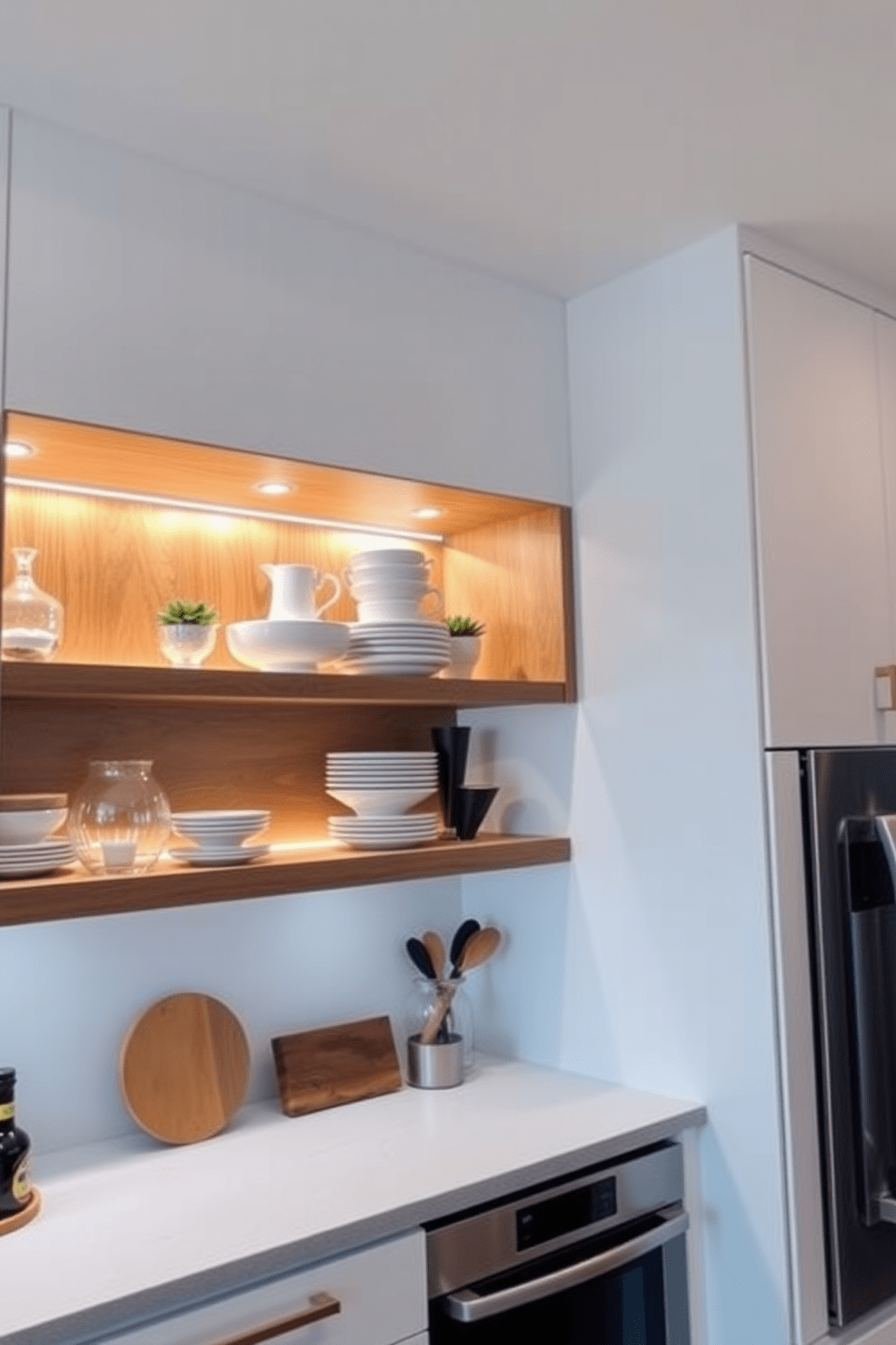 A modern kitchen featuring open shelving with integrated lighting that highlights the displayed dishware and decor. The warm glow from the lighting creates an inviting atmosphere while enhancing the sleek design of the kitchen. The shelving is crafted from natural wood, providing a contrast to the contemporary white cabinetry. Under-cabinet lights illuminate the countertop, creating a functional and stylish workspace.