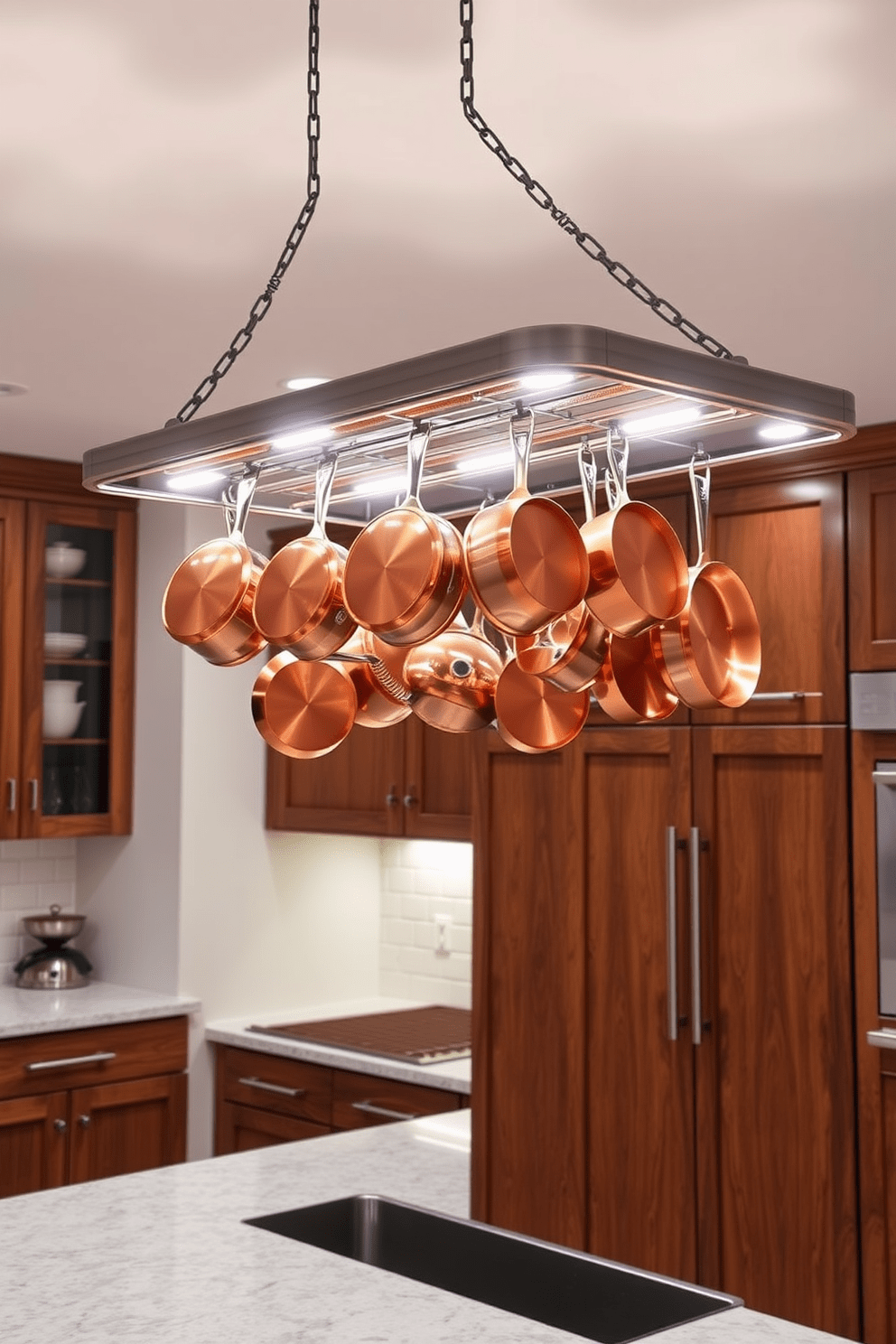 A stylish lighted pot rack hangs elegantly above a spacious kitchen island, showcasing an array of gleaming copper pots and pans. The warm glow from integrated LED lights highlights the rich wood finishes of the cabinetry while creating an inviting ambiance. The pot rack features a modern design with sleek lines and a brushed nickel finish, complementing the overall kitchen aesthetic. Below, the island is adorned with a stunning quartz countertop, providing a perfect contrast to the rustic charm of the pot rack above.