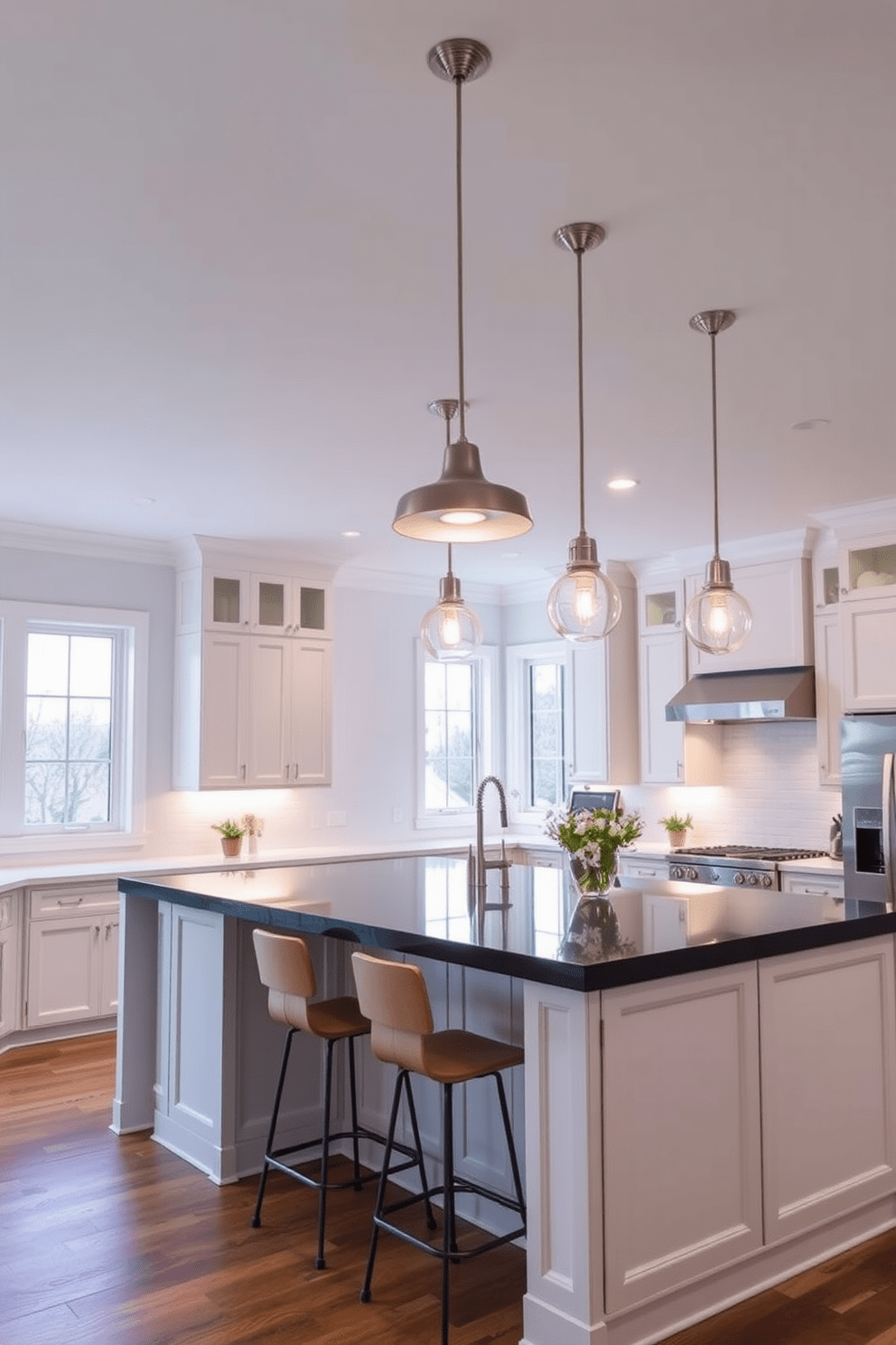 A modern kitchen featuring hanging lights with adjustable heights. The lights are sleek and metallic, providing a warm glow over a spacious island with bar stools. The kitchen has an open layout with white cabinetry and a contrasting dark countertop. Natural light floods in from large windows, enhancing the inviting atmosphere.