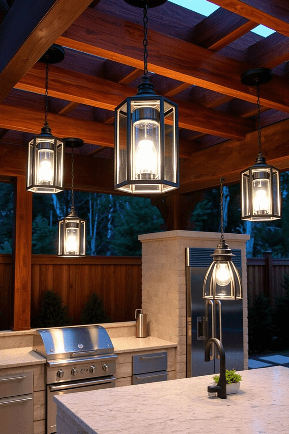 A stylish outdoor kitchen area featuring modern lanterns suspended from a wooden pergola. The lanterns emit a warm glow, illuminating the space while complementing the sleek stainless steel appliances and natural stone countertops. Elegant pendant lights are strategically placed above the kitchen island, enhancing both functionality and aesthetics. The combination of soft lighting and contemporary fixtures creates a welcoming atmosphere for outdoor dining and entertaining.