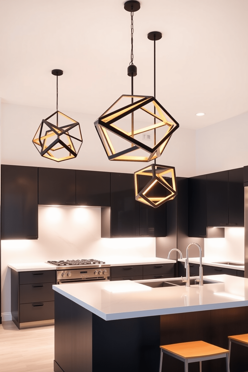 A modern kitchen featuring bold geometric light fixtures that create a striking visual impact. The fixtures are suspended above a large kitchen island, illuminating the space with a warm glow. The cabinetry is sleek and minimalist, with a matte black finish that contrasts beautifully with the bright white countertops. Under-cabinet lighting enhances the geometric shapes, adding depth and dimension to the overall design.