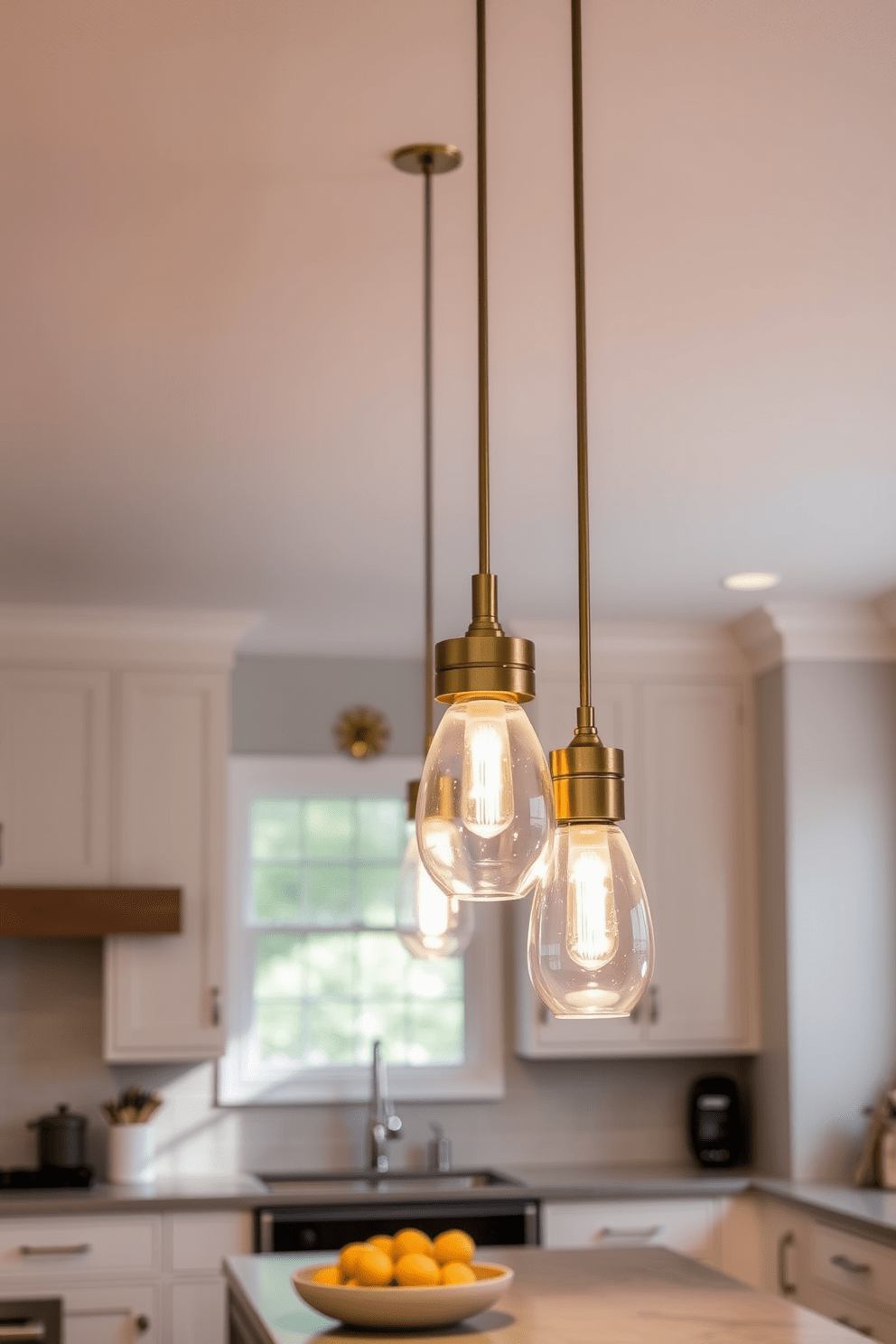 Soft pendant lighting creates a warm and inviting atmosphere in the kitchen. The fixtures are hung at varying heights above the island, casting a gentle glow over the space. The design incorporates modern materials like brushed brass and frosted glass for a contemporary touch. Each pendant is paired with a dimmer switch to adjust the brightness for different occasions.