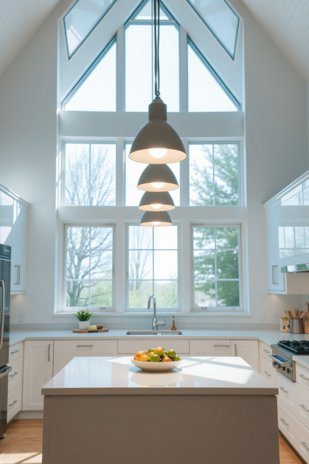 A bright and airy kitchen workspace featuring ample natural light streaming in through large windows. The space is illuminated by sleek, modern pendant lights hanging above a central island with a white countertop. The cabinetry is a crisp white, providing a fresh and clean aesthetic. Under-cabinet lighting enhances the workspace, creating a well-lit area for meal preparation and cooking.