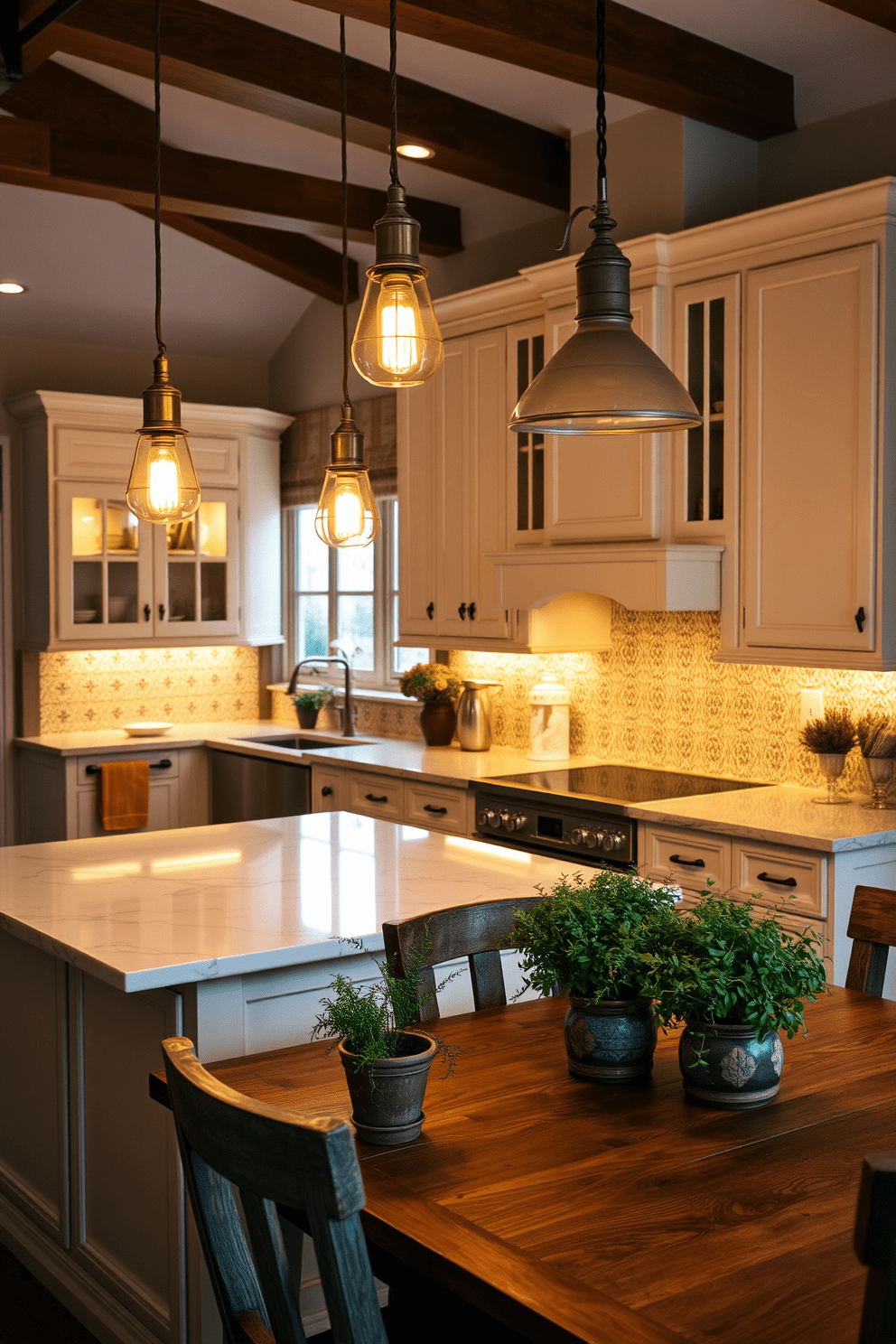 A cozy kitchen illuminated by warm yellow bulbs creates an inviting atmosphere. The pendant lights hang gracefully above a spacious island, casting a soft glow over the marble countertop. Under-cabinet lighting highlights the intricate tile backsplash, enhancing the kitchen's charm. A rustic wooden dining table sits nearby, adorned with fresh herbs in decorative pots, inviting family gatherings.