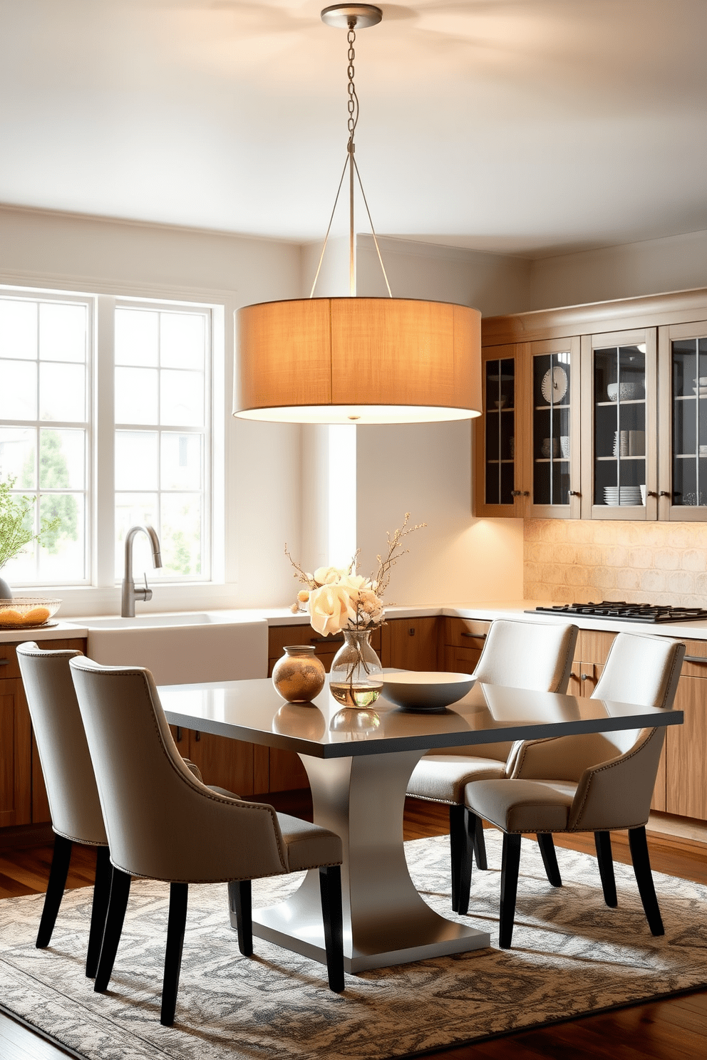 A chic drum shade chandelier hangs gracefully above a sleek dining table, casting a warm glow across the space. The chandelier features a modern fabric design in a soft neutral tone, perfectly complementing the contemporary decor of the kitchen. The dining table is surrounded by elegant upholstered chairs, creating an inviting atmosphere for gatherings. Underneath, a stylish area rug adds texture and warmth, enhancing the overall kitchen lighting design.