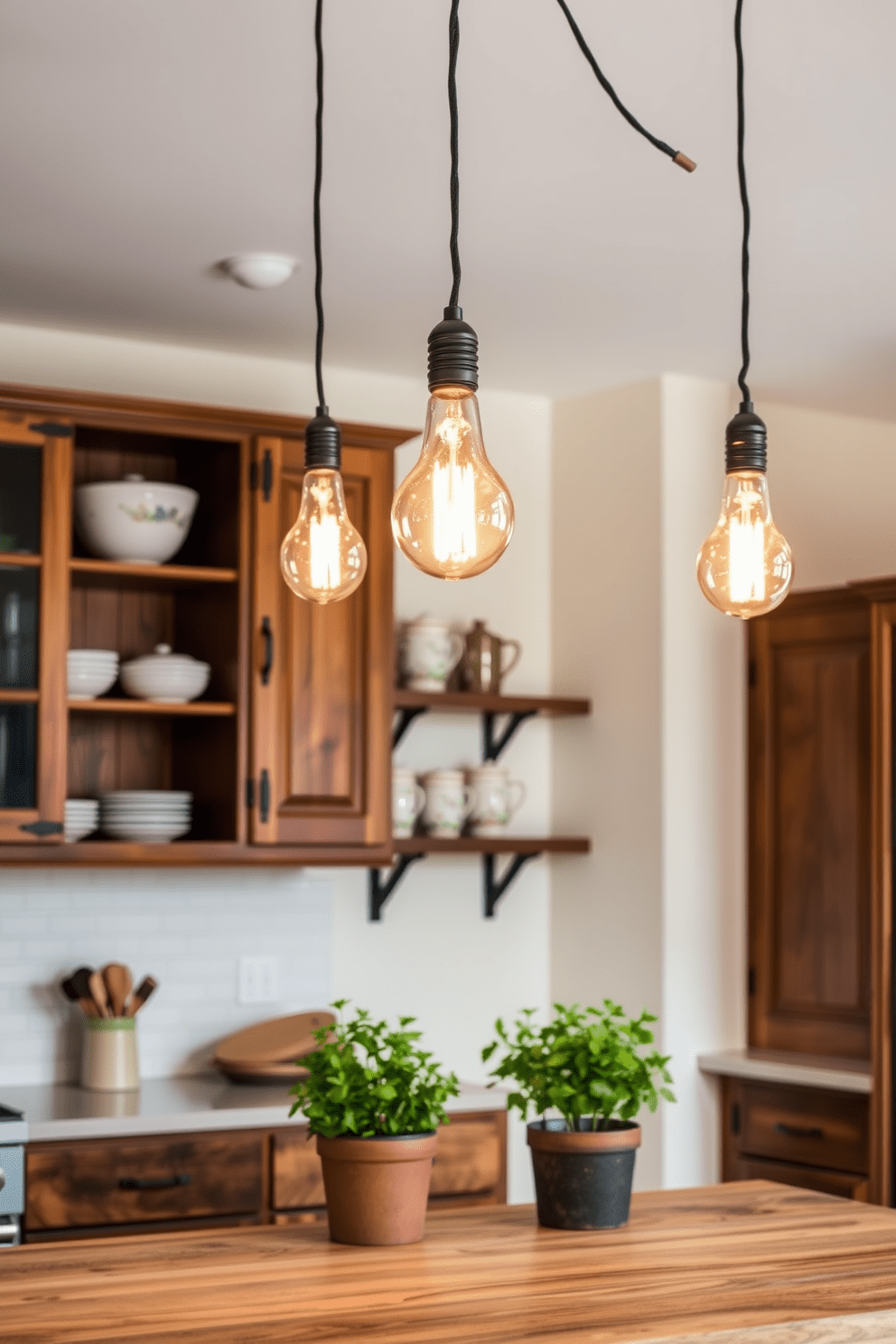 A cozy kitchen illuminated by vintage Edison bulb fixtures that create a warm and inviting atmosphere. The fixtures hang above a rustic wooden island, casting a soft glow over the space and highlighting the rich textures of the surrounding cabinetry. The walls are painted in a soft cream color, complementing the warm tones of the wooden elements. Open shelving displays charming dishware, while potted herbs add a touch of greenery to the countertop.