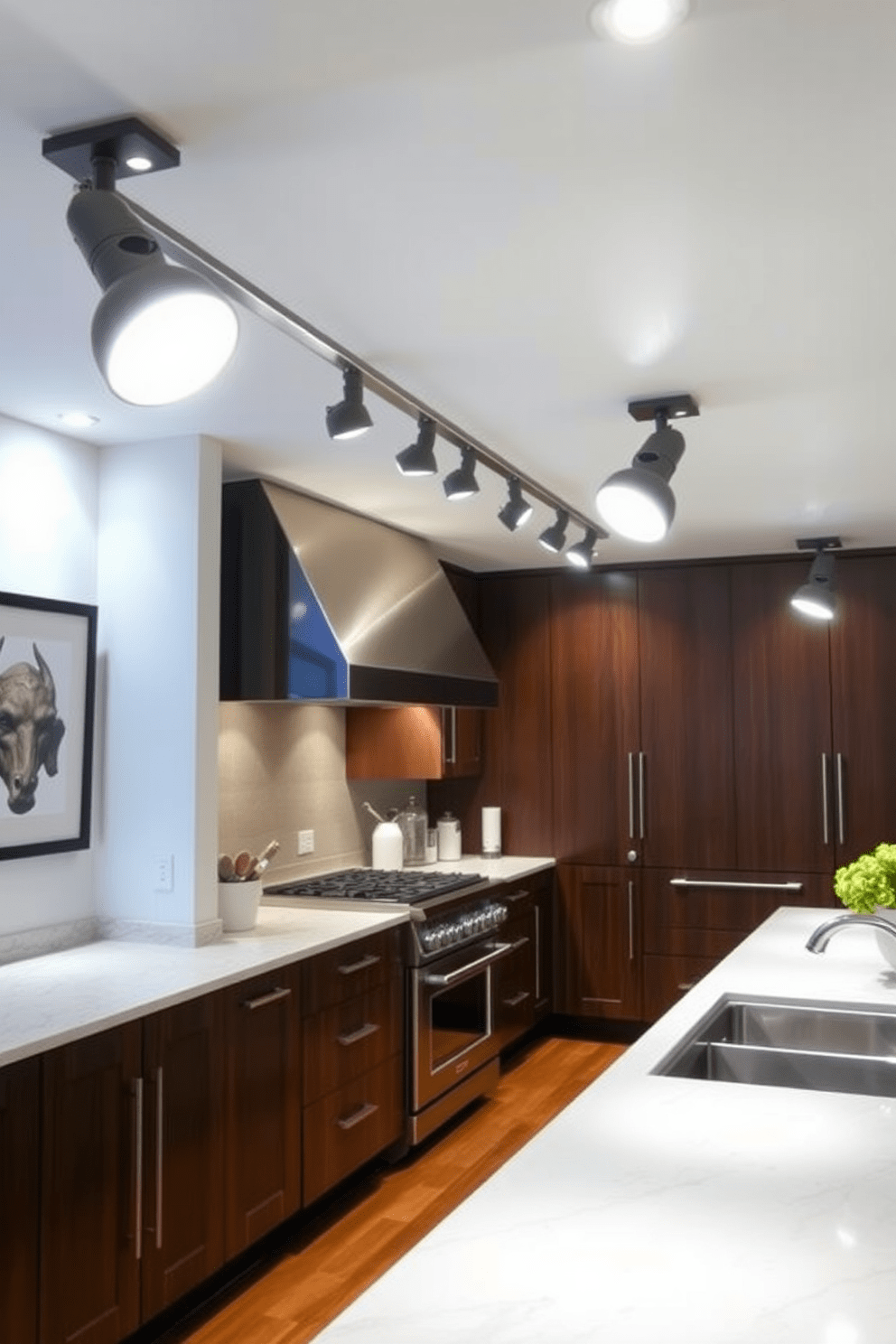 A modern kitchen featuring sleek track lighting that highlights the cooking area and enhances the overall ambiance. The track lights are adjustable, allowing for focused illumination on the countertops and dining space, creating a warm and inviting atmosphere.