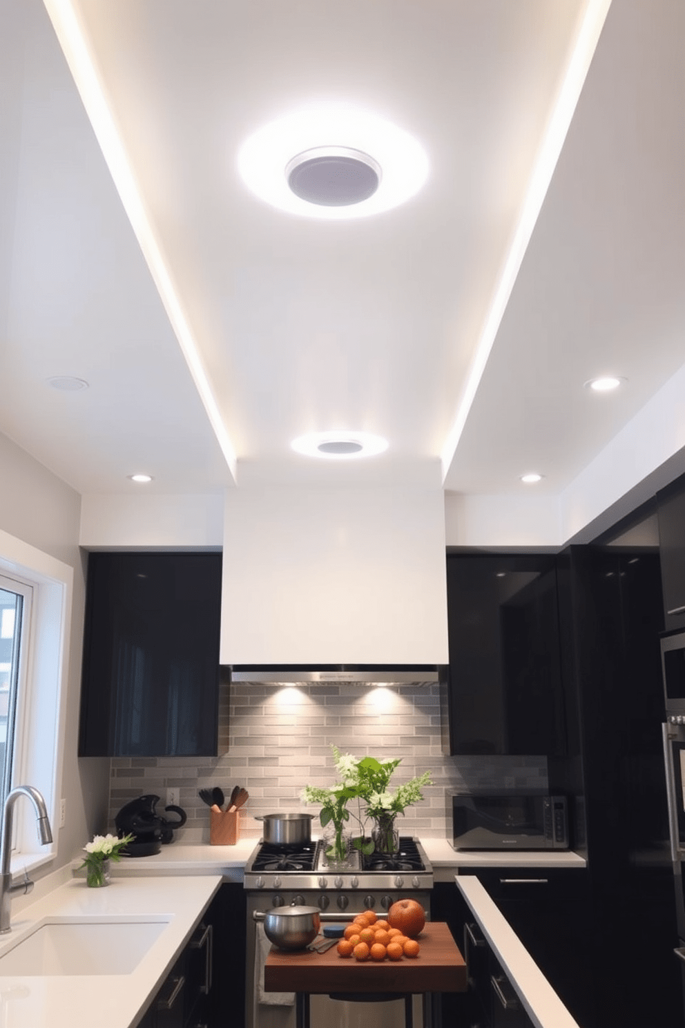 A sleek kitchen featuring modern flush mount ceiling lights that provide a warm and inviting ambiance. The lights are strategically placed to illuminate the cooking area and dining space, enhancing the overall functionality and style of the kitchen.