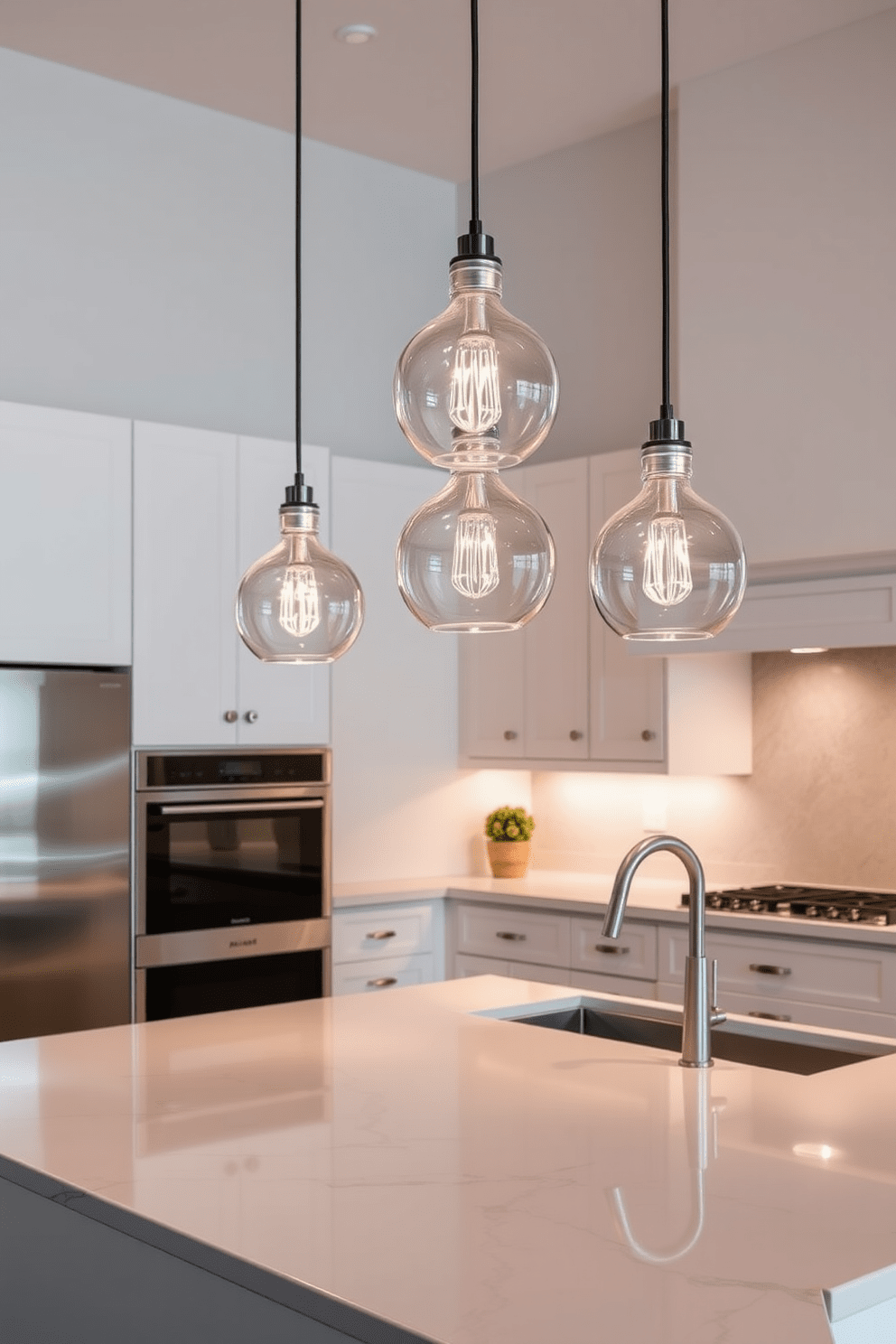 A sleek kitchen illuminated by elegant glass pendant lights that hang gracefully above the island. The lights cast a warm glow, enhancing the modern finishes of the cabinetry and countertops.