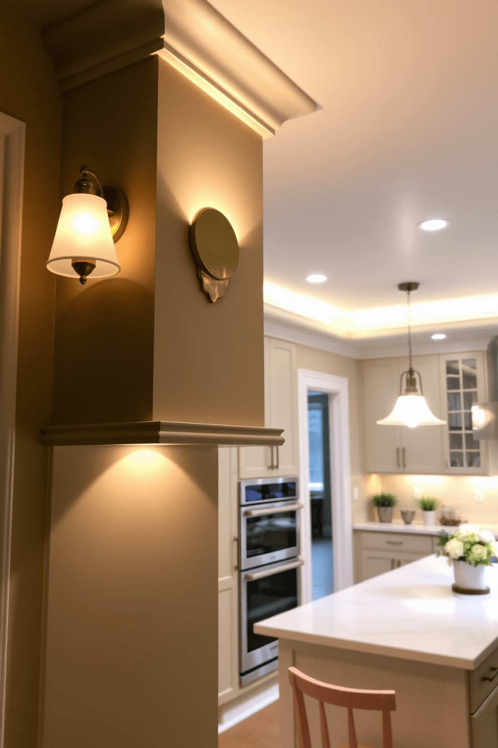 A cozy kitchen illuminated by decorative wall sconces that provide a warm glow. The sconces are elegantly designed with brushed brass finishes and soft white shades, creating an inviting atmosphere. The overall kitchen lighting design features a combination of recessed lights and pendant fixtures above the island. This layered lighting approach enhances functionality while adding a touch of sophistication to the space.