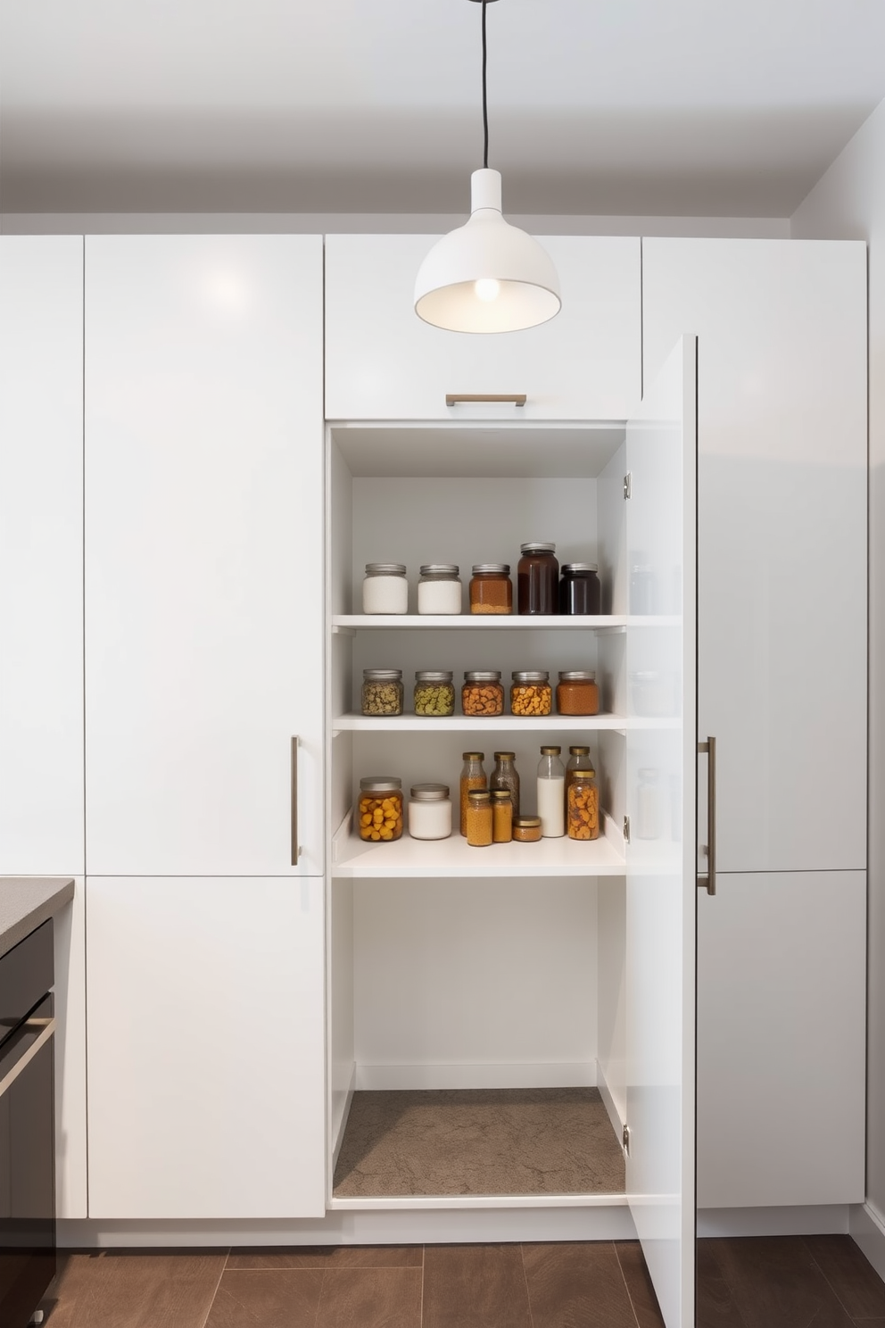 A modern minimalist pantry featuring sleek lines and a clean aesthetic. The cabinetry is finished in a matte white, with integrated handles for a seamless look. Open shelving displays neatly organized jars and containers, adding a touch of warmth to the design. A subtle pendant light hangs above, providing soft illumination and enhancing the minimalist vibe.